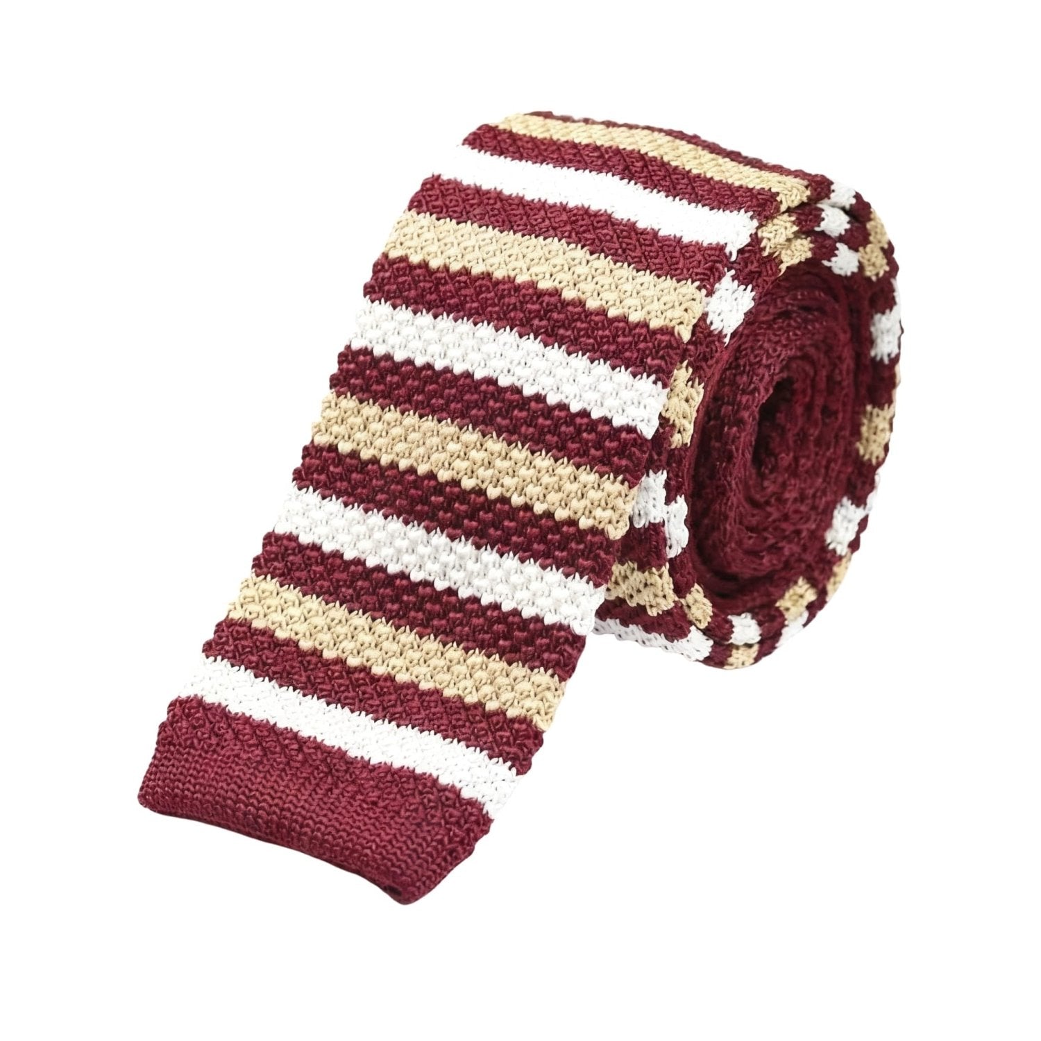 Maroon With White And Beige Horizontal Stripes Necktie