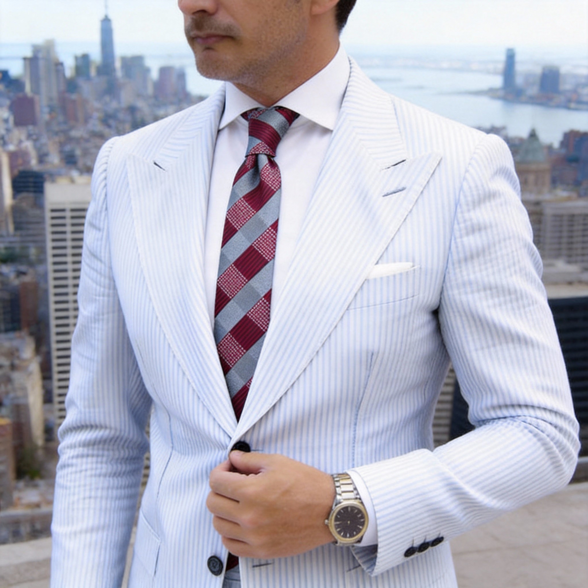 Red With Gray Striped Necktie