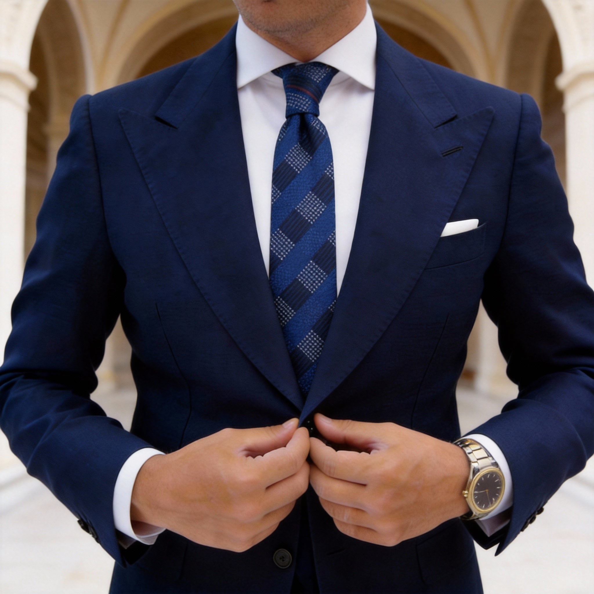 Dark Blue with White Checkered Pocket Square