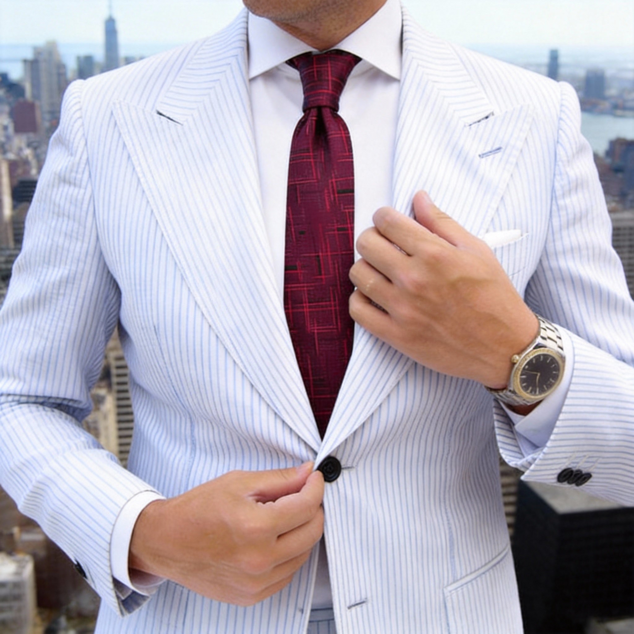 Burgundy With Red And Black Geometric Grid Necktie