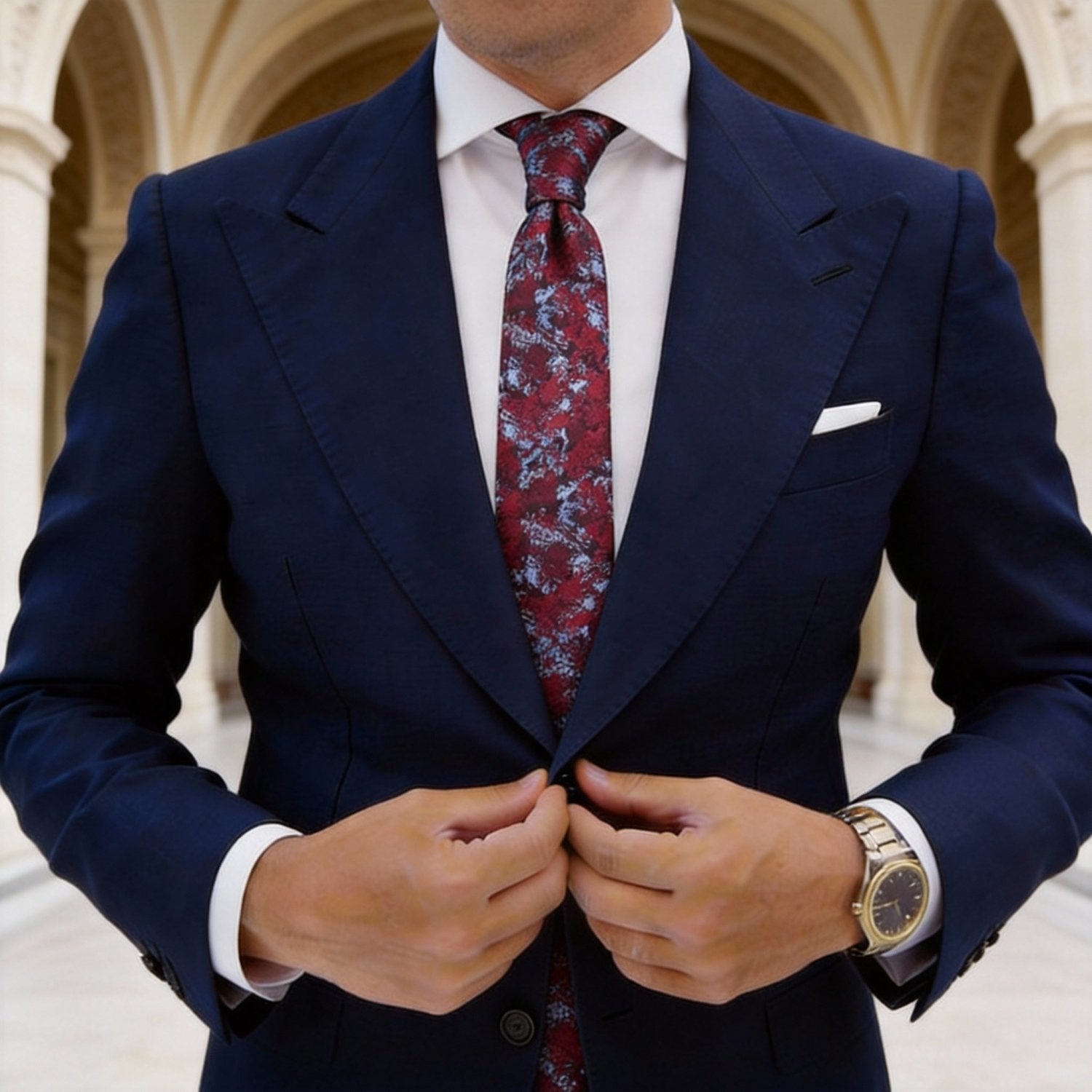 Red Necktie With Blue Patterns