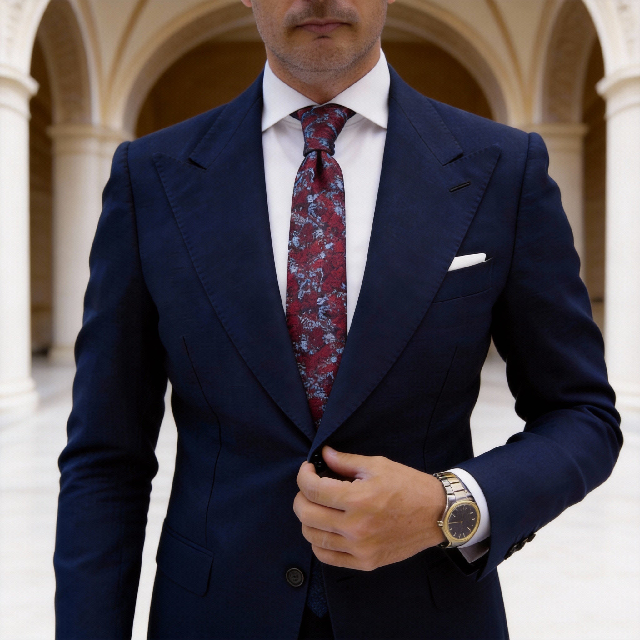 Red Necktie With Blue Patterns