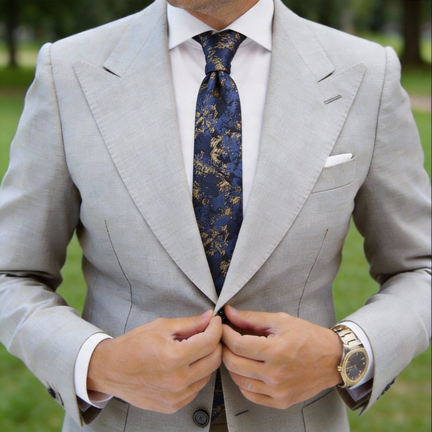 Navy Blue Necktie With Gold Pattern