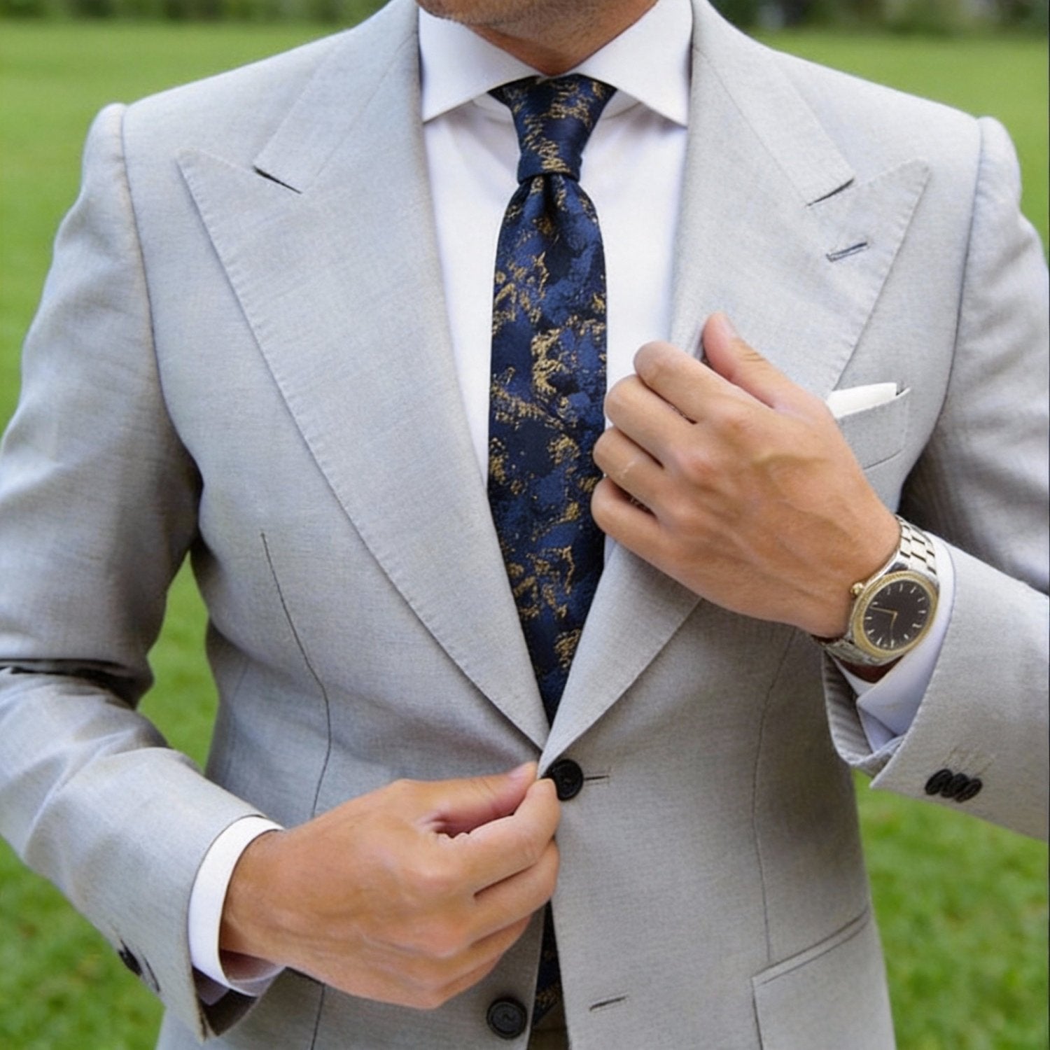Navy Blue Necktie With Gold Pattern