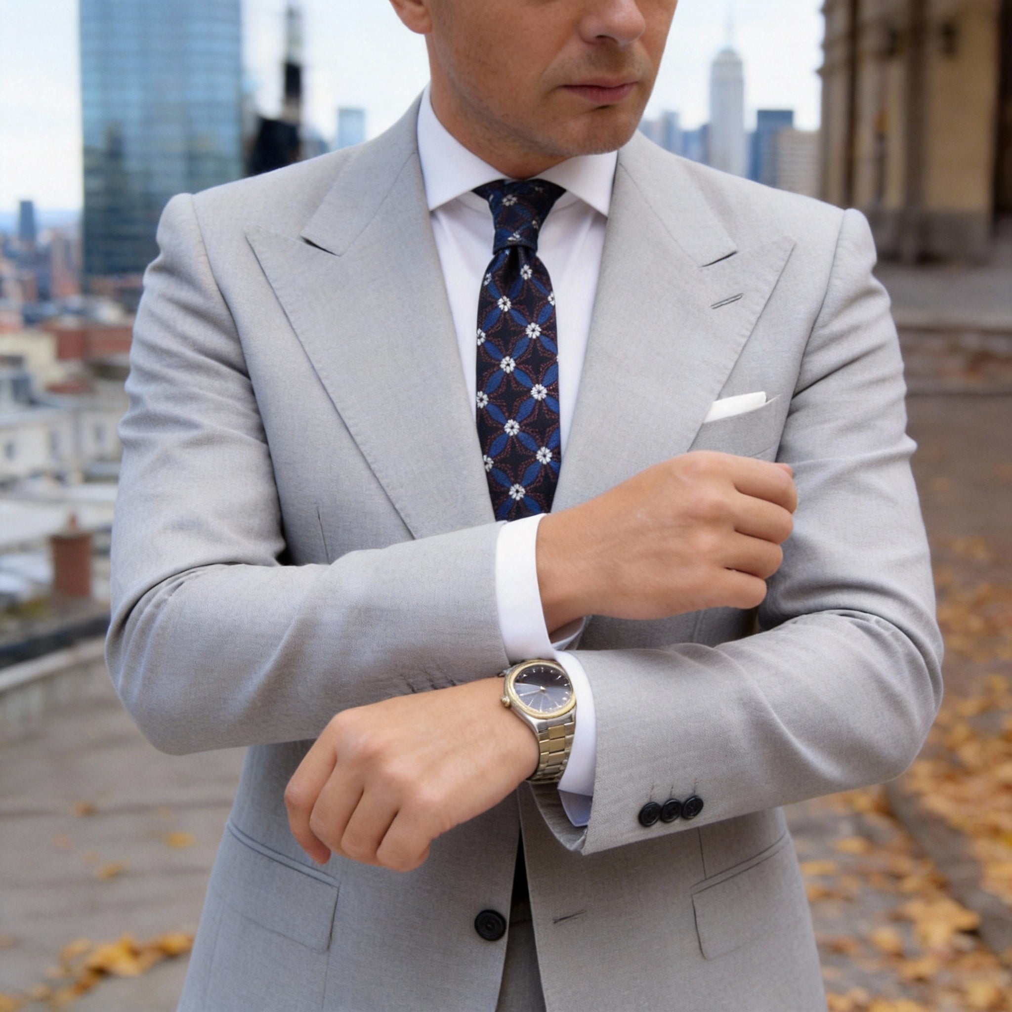 Dark Blue with White Floral Necktie