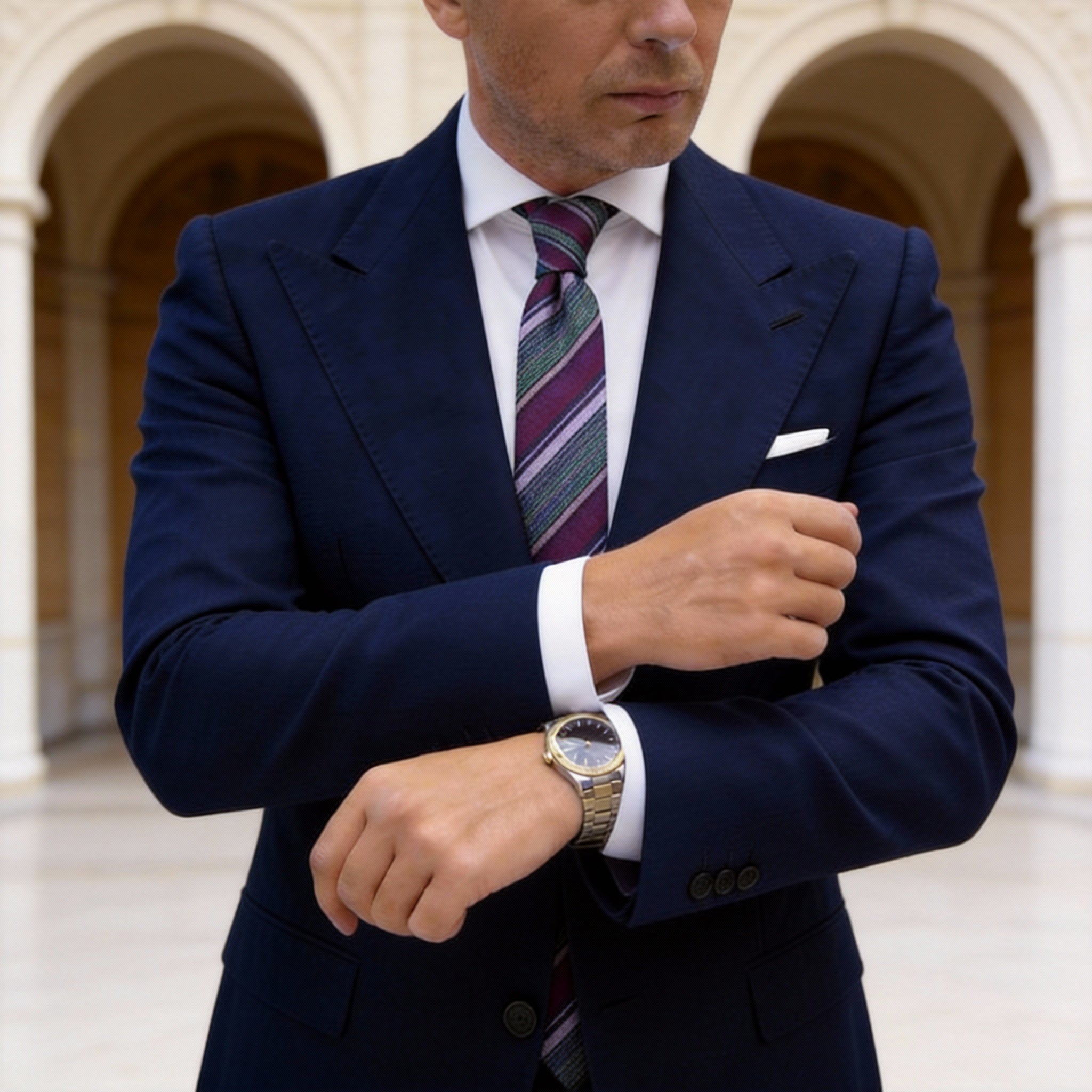 Purple With Green Striped Necktie