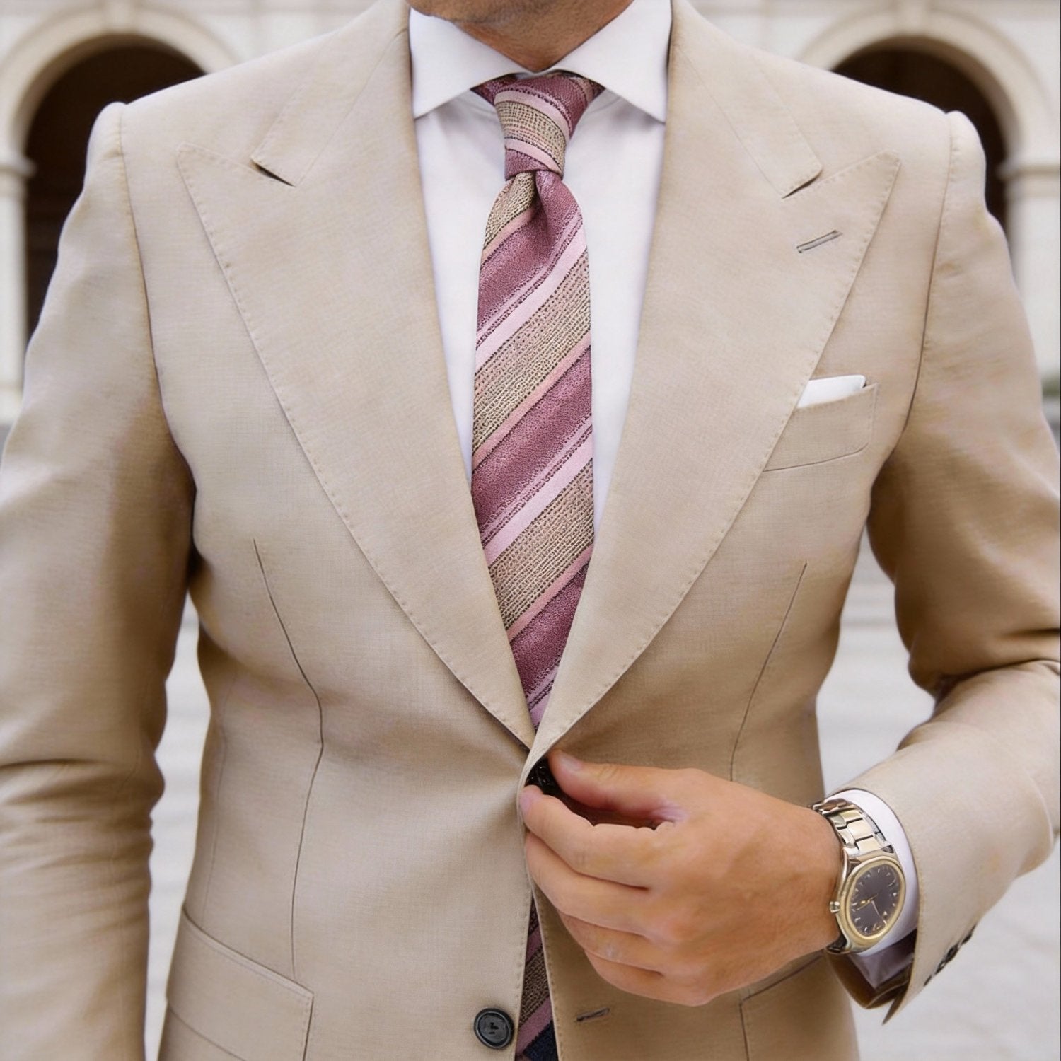 Pink With Green Striped Necktie