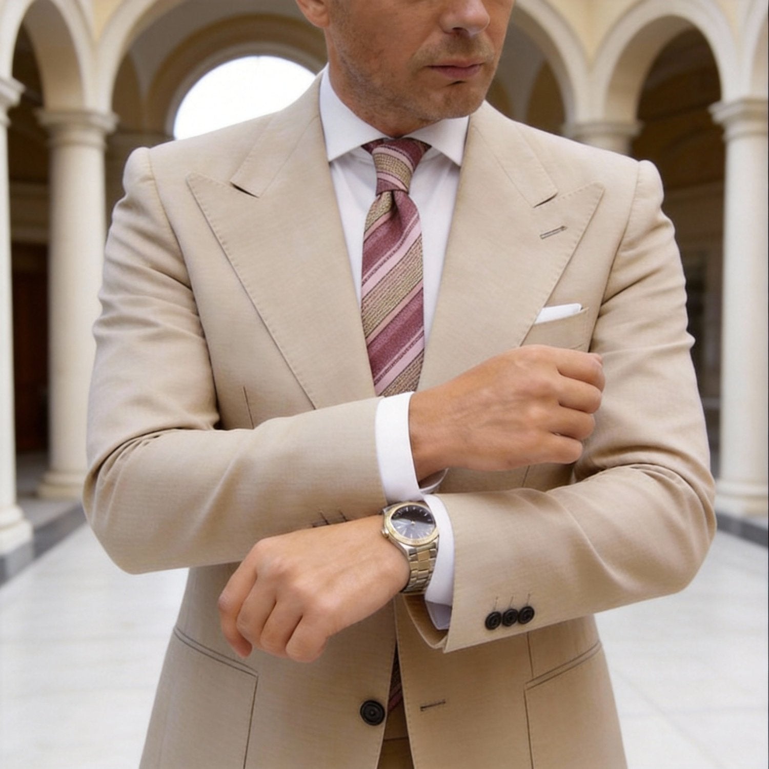 Pink With Green Striped Necktie