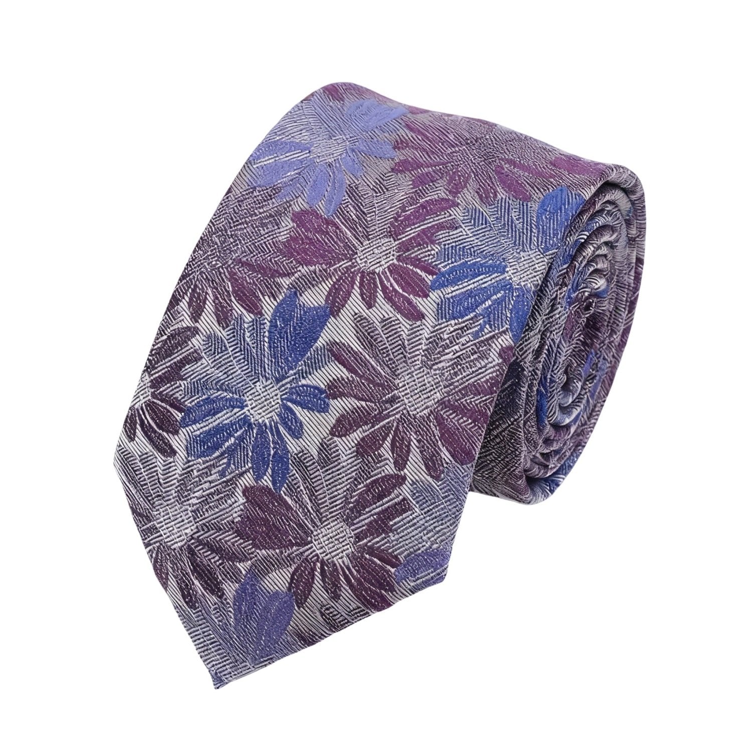 Silver Gray with Blue Purple Floral Necktie