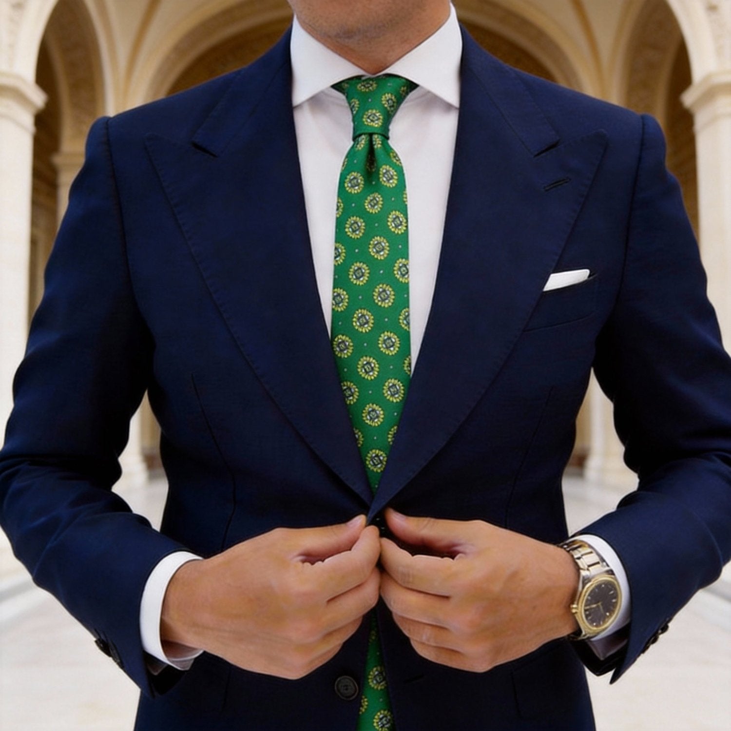 Dark Green with Yellow Floral Medallion Necktie