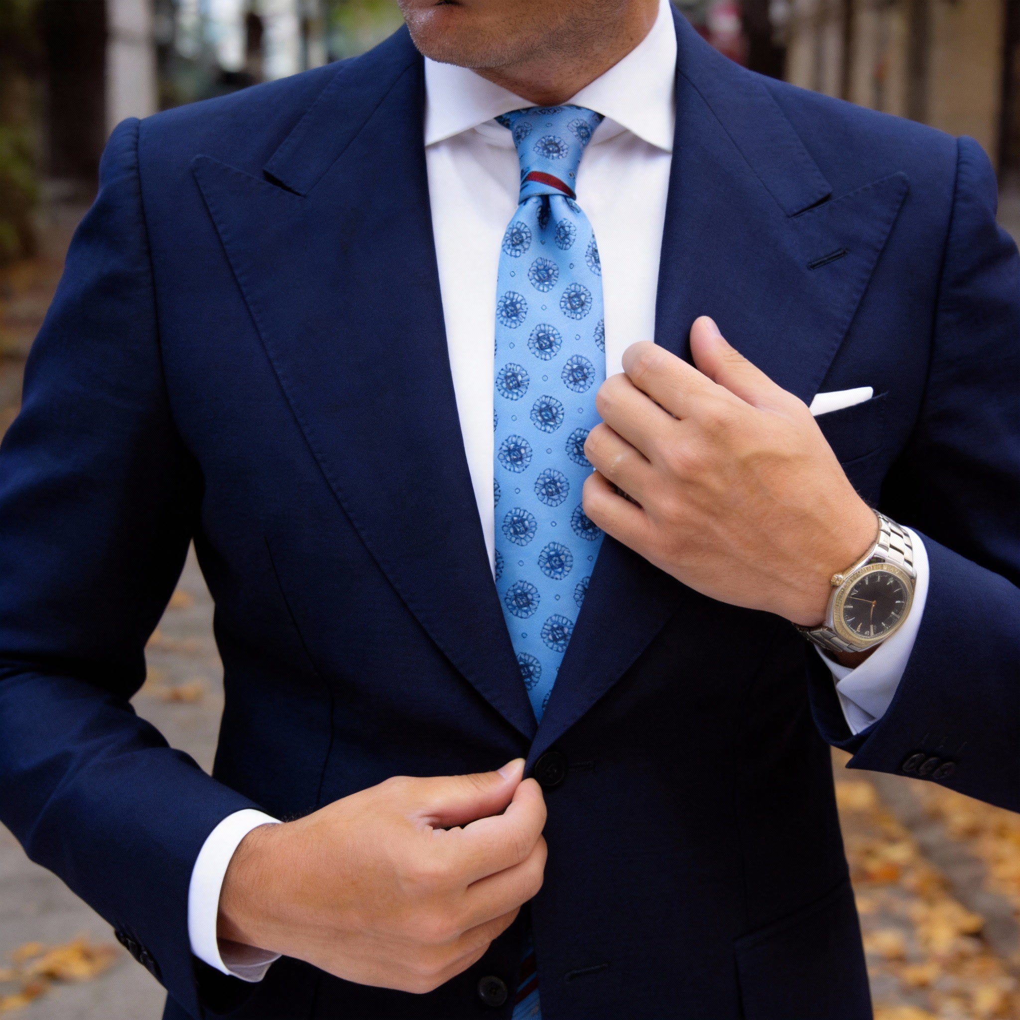 Light Blue With Dark Blue Floral Medallion Necktie
