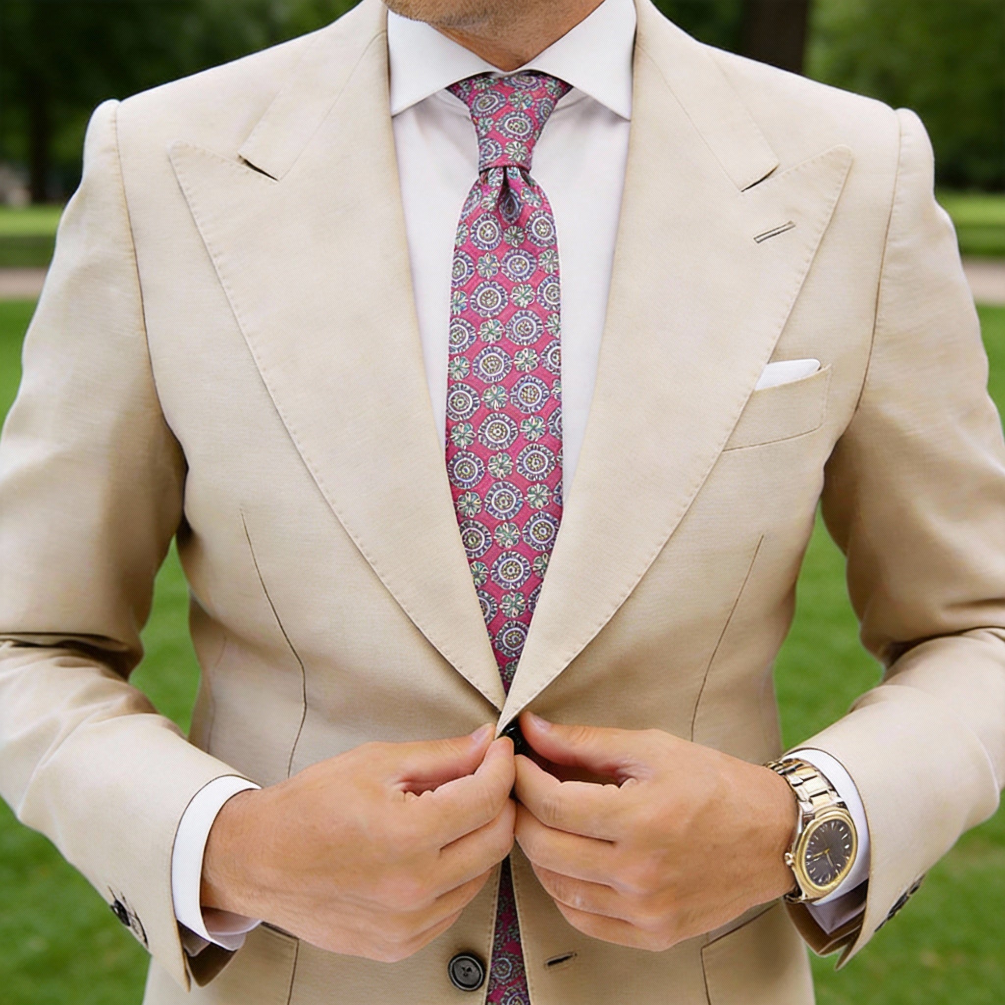 Cream With Multicolor Grid Necktie