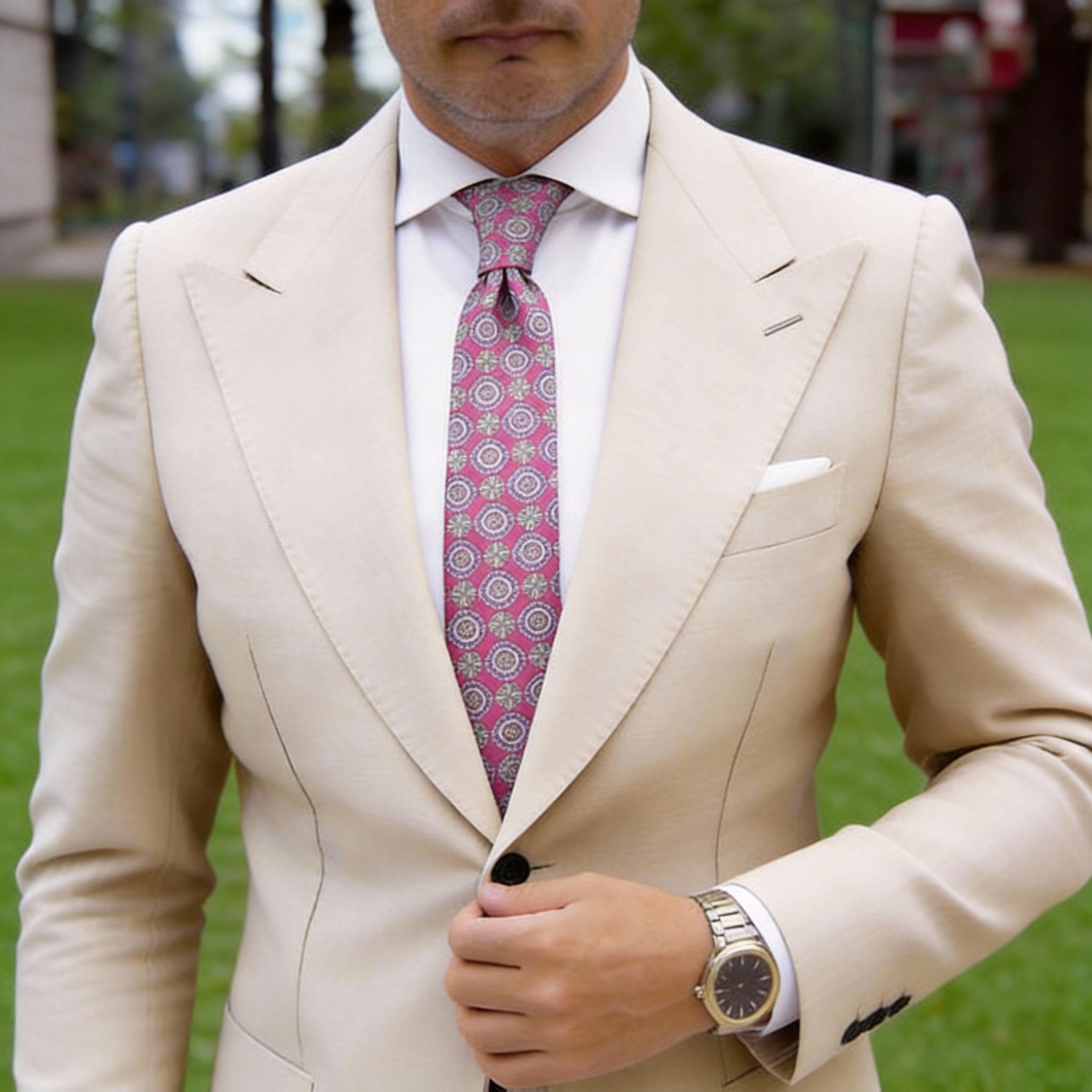 Cream With Multicolor Grid Necktie