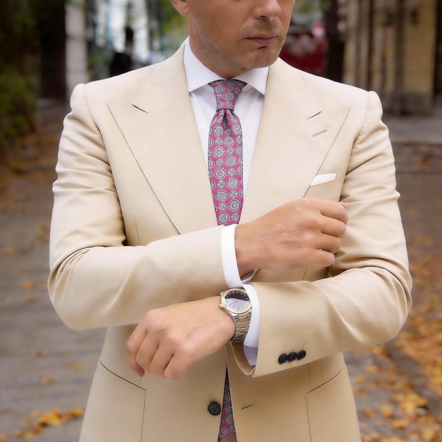 Cream With Multicolor Grid Necktie