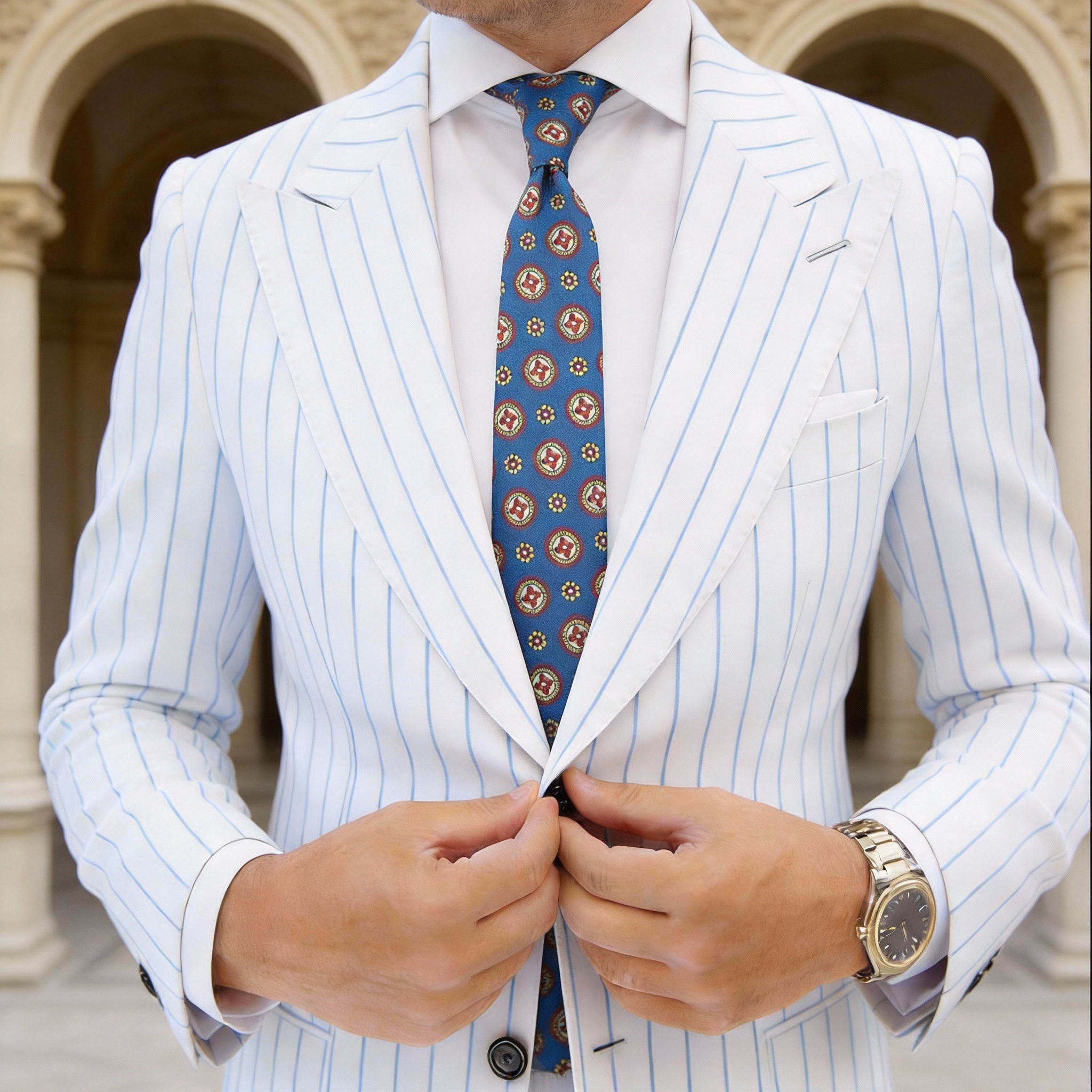 Dark Blue With Yellow Floral & Emblem Necktie