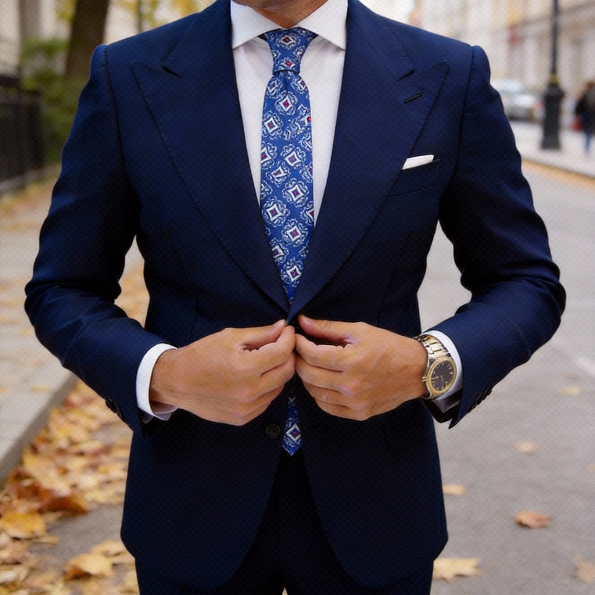 Dark Blue With White Floral Diamond Necktie