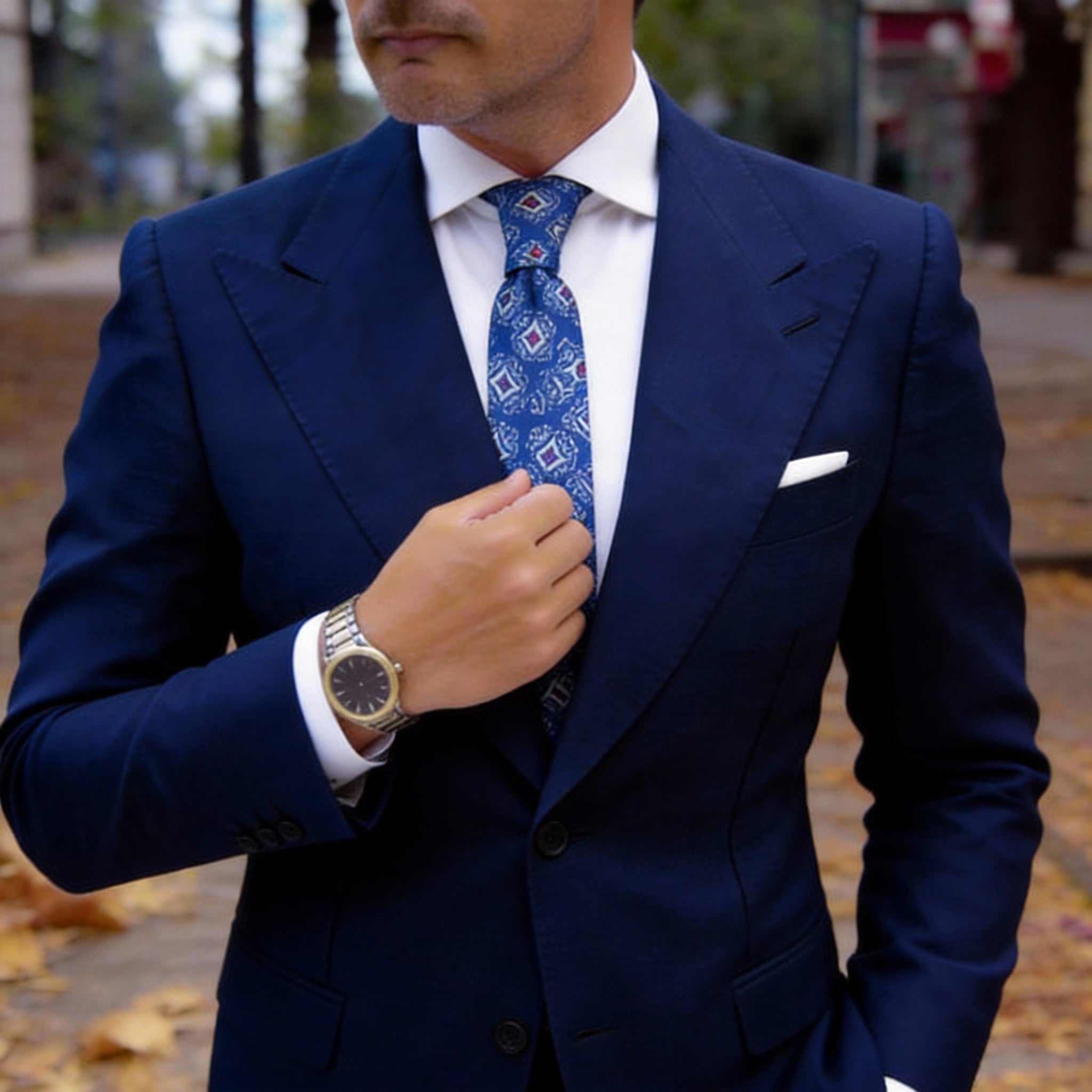 Dark Blue With White Floral Diamond Necktie