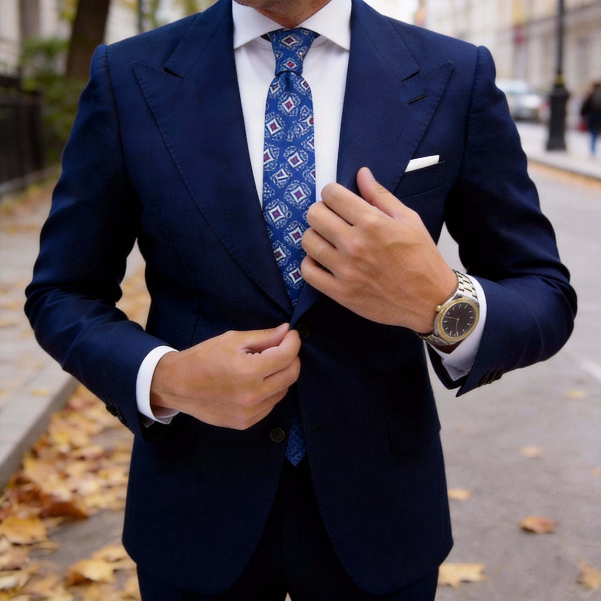 Dark Blue With White Floral Diamond Necktie
