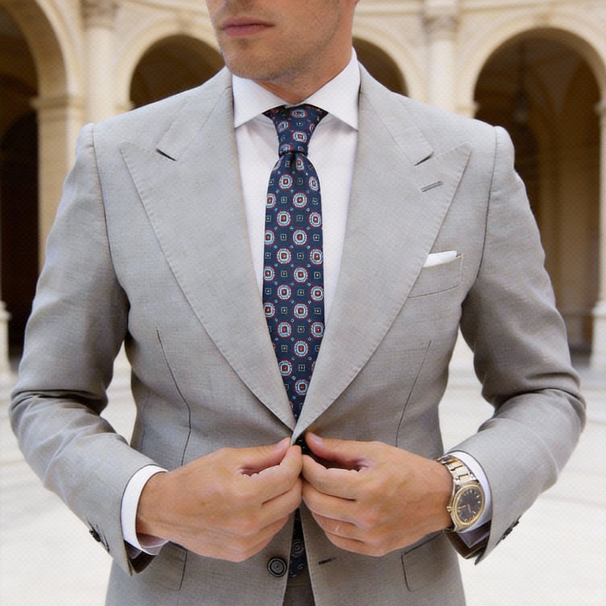 Dark Blue With Red Geometric Medallion Necktie