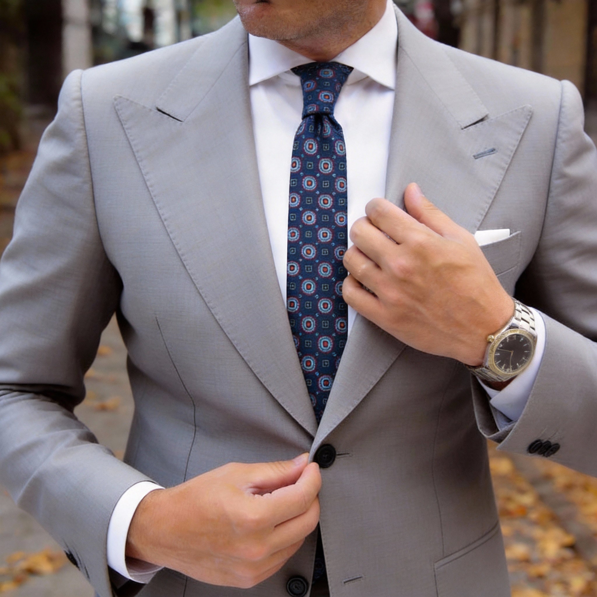 Dark Blue With Red Geometric Medallion Necktie