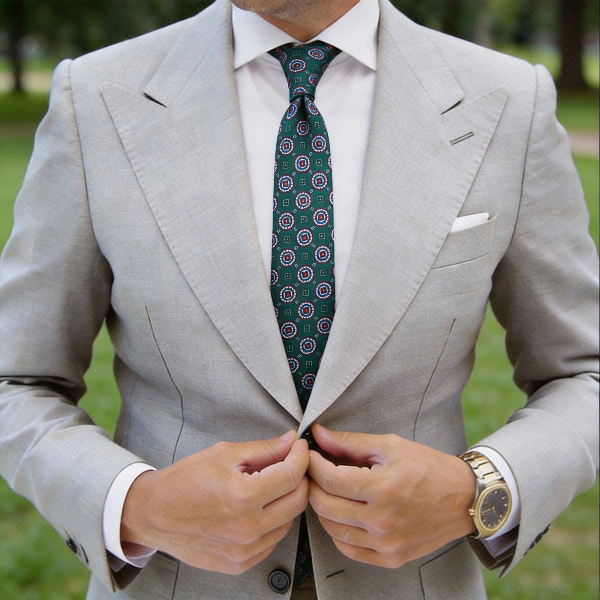 Dark Green With Burgundy Geometric Medallion Necktie