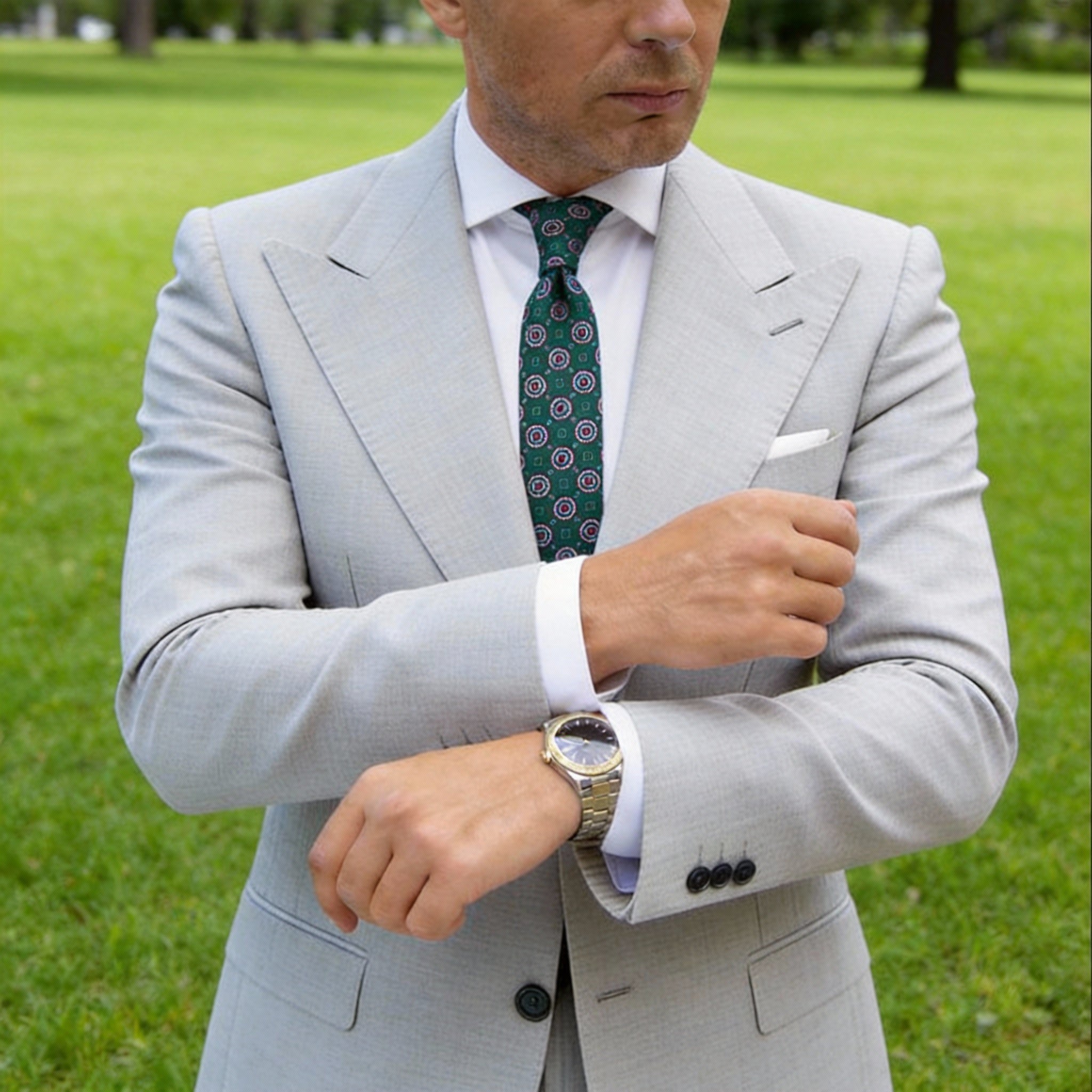 Dark Green With Burgundy Geometric Medallion Necktie