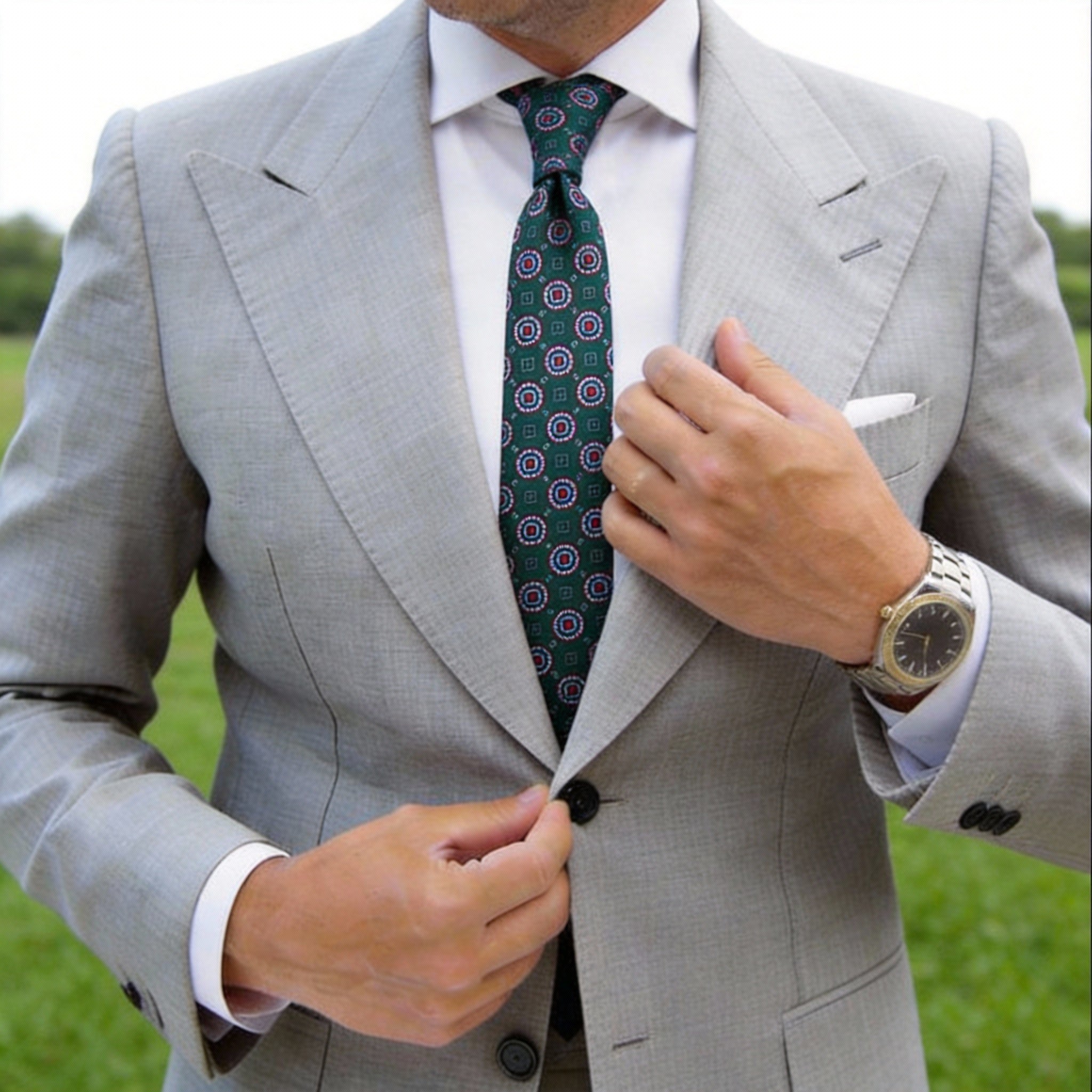 Dark Green With Burgundy Geometric Medallion Necktie