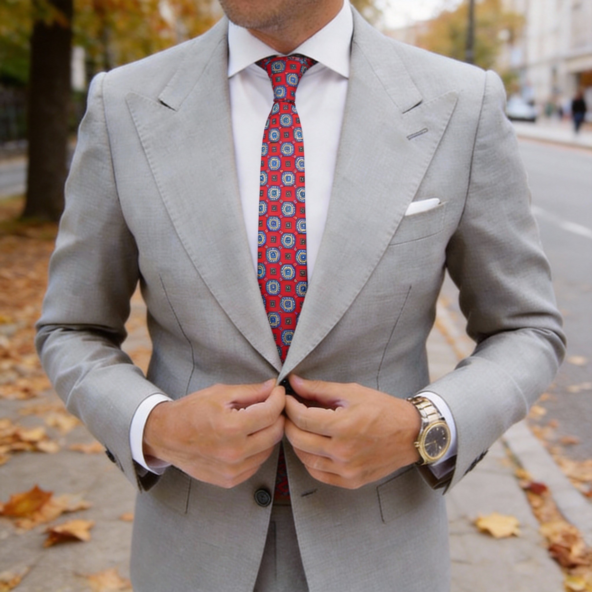 Red with Blue Geometric Medallion Necktie