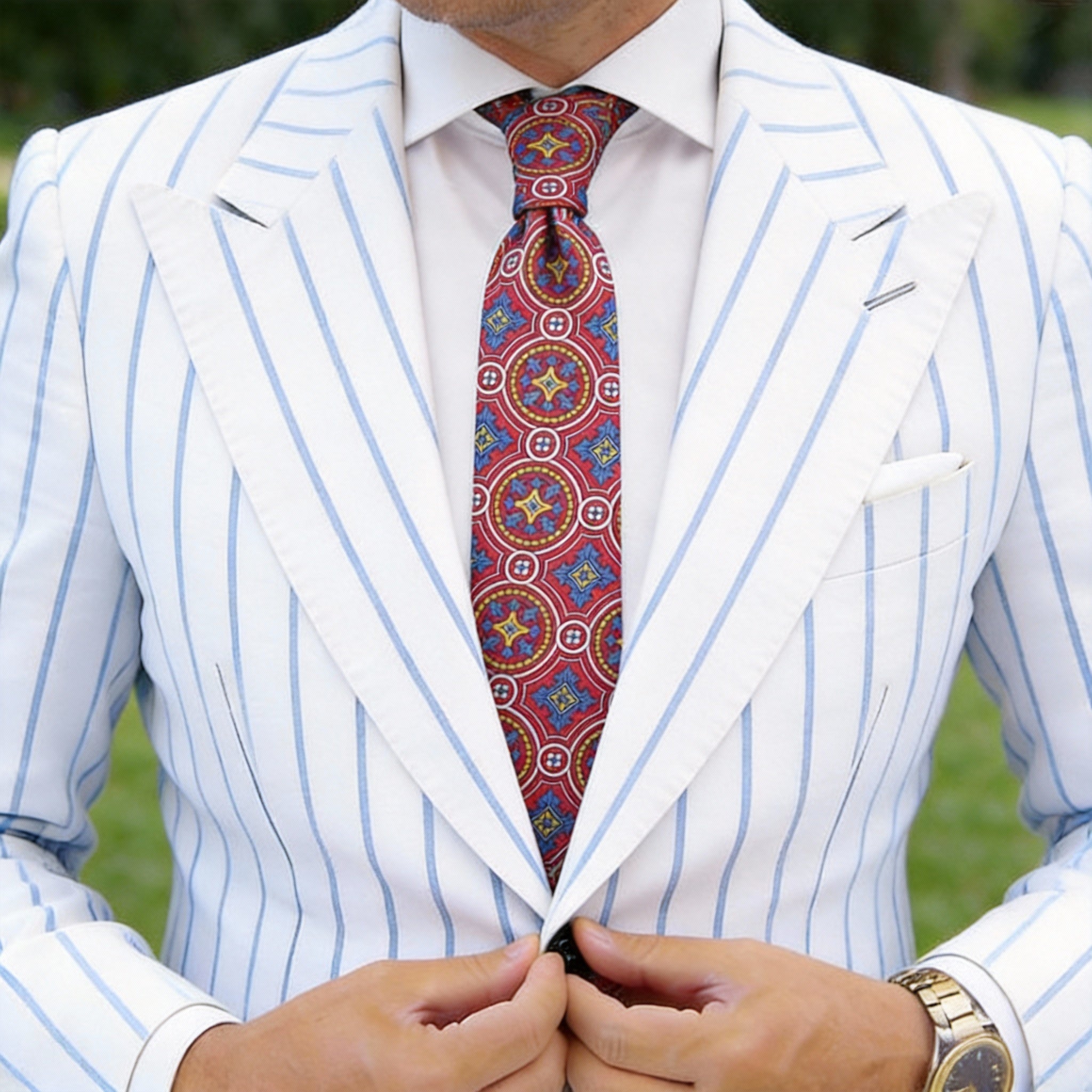 Red With Blue and Yellow Geometric Medallion Necktie