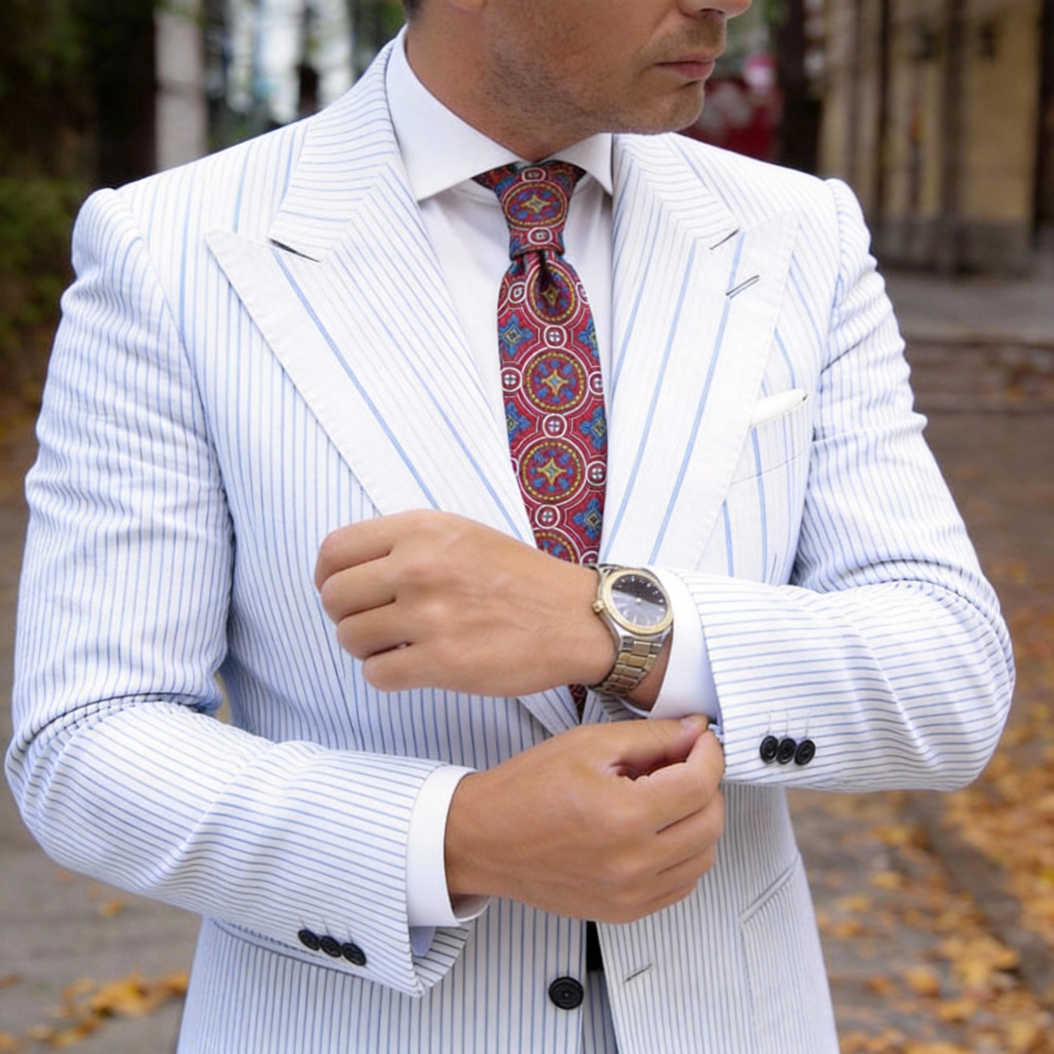 Red With Blue and Yellow Geometric Medallion Necktie