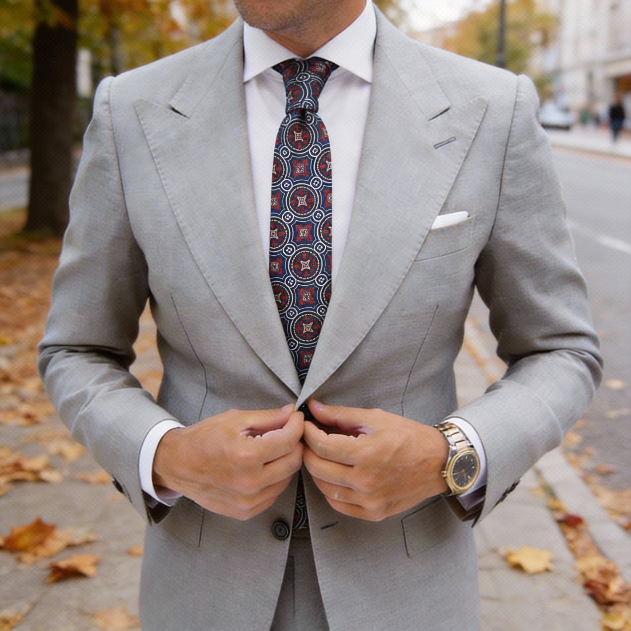 Dark Blue With Red Geometric Medallion Necktie