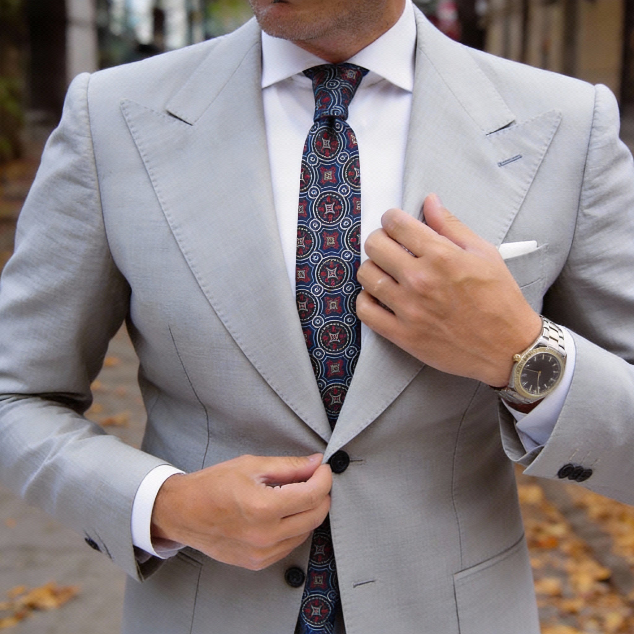 Dark Blue With Red Geometric Medallion Necktie