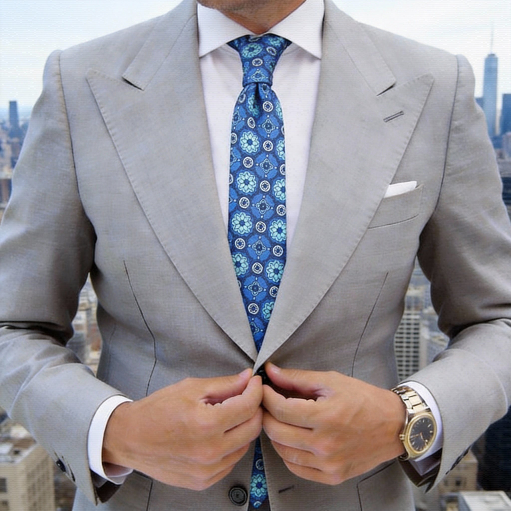 Dark Blue With Light Blue Floral Medallions Necktie