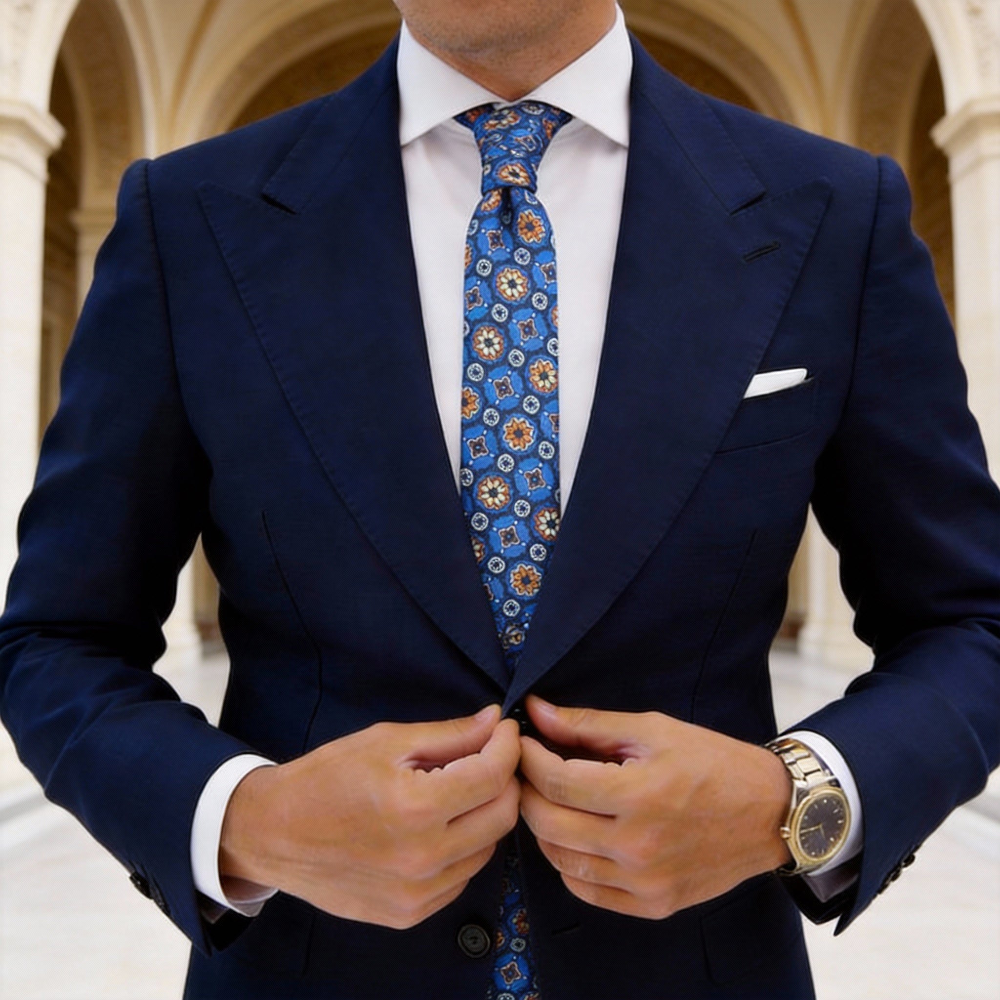 Blue Orange Floral Necktie