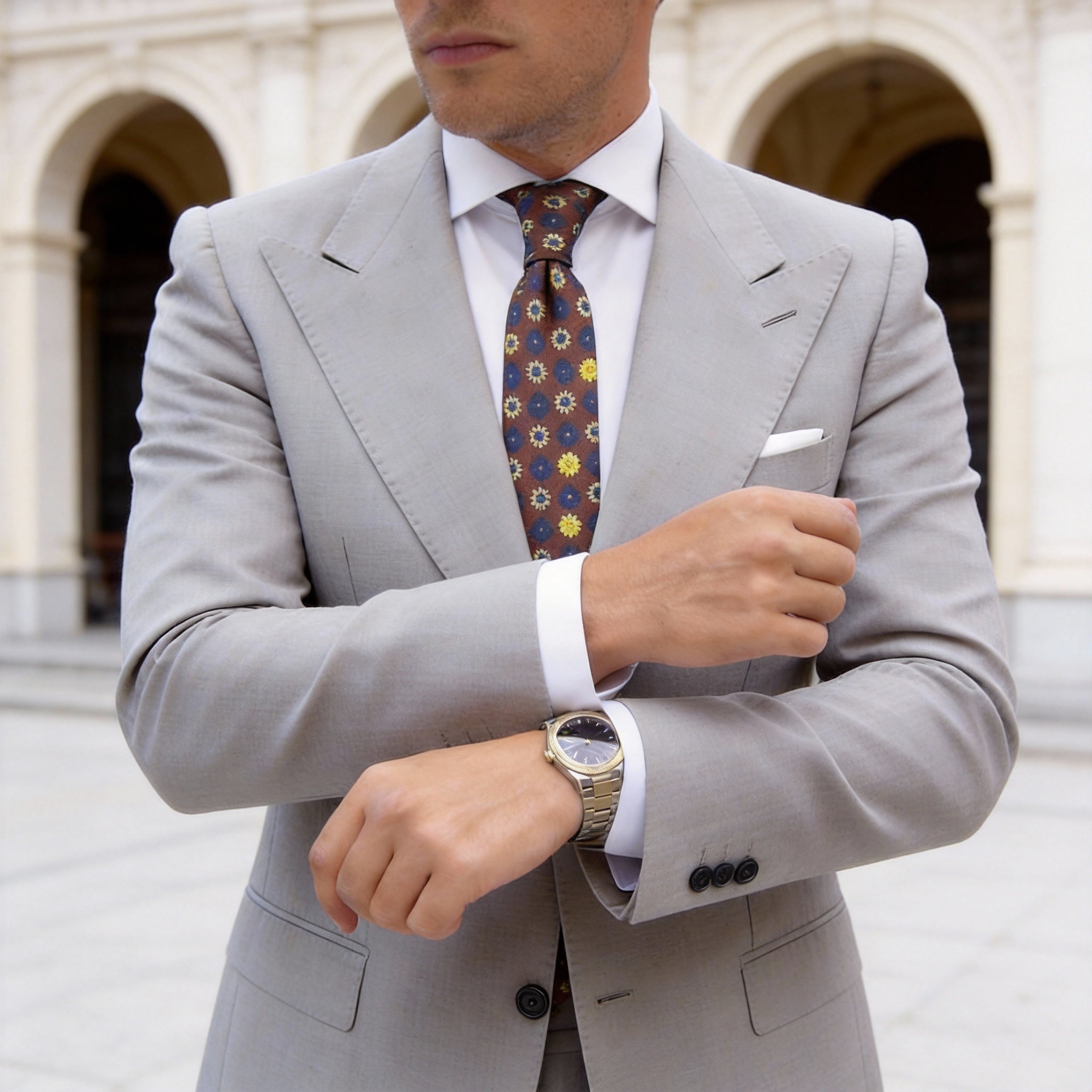 Brown with Blue & Beige Floral Necktie