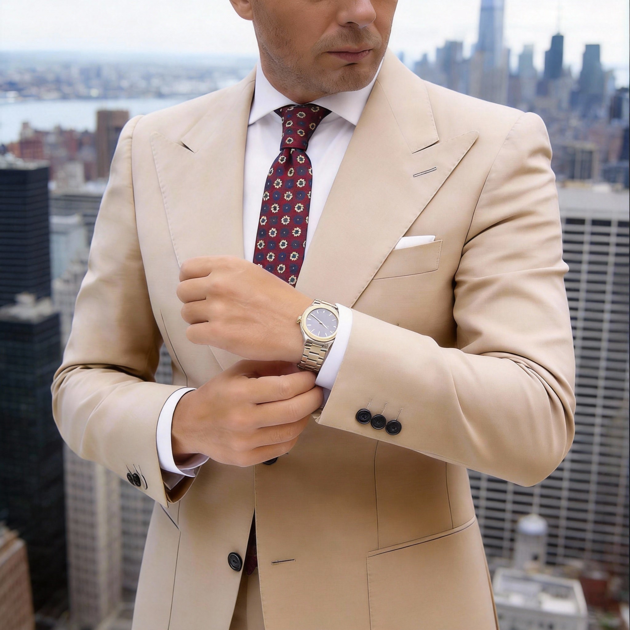 Burgundy With Blue & Off-White Floral Grid Necktie
