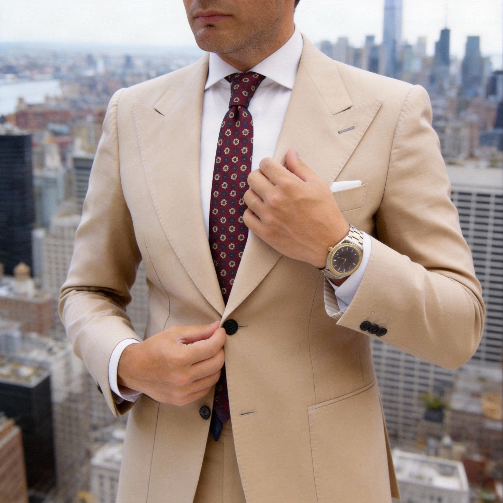 Burgundy With Blue & Off-White Floral Grid Necktie