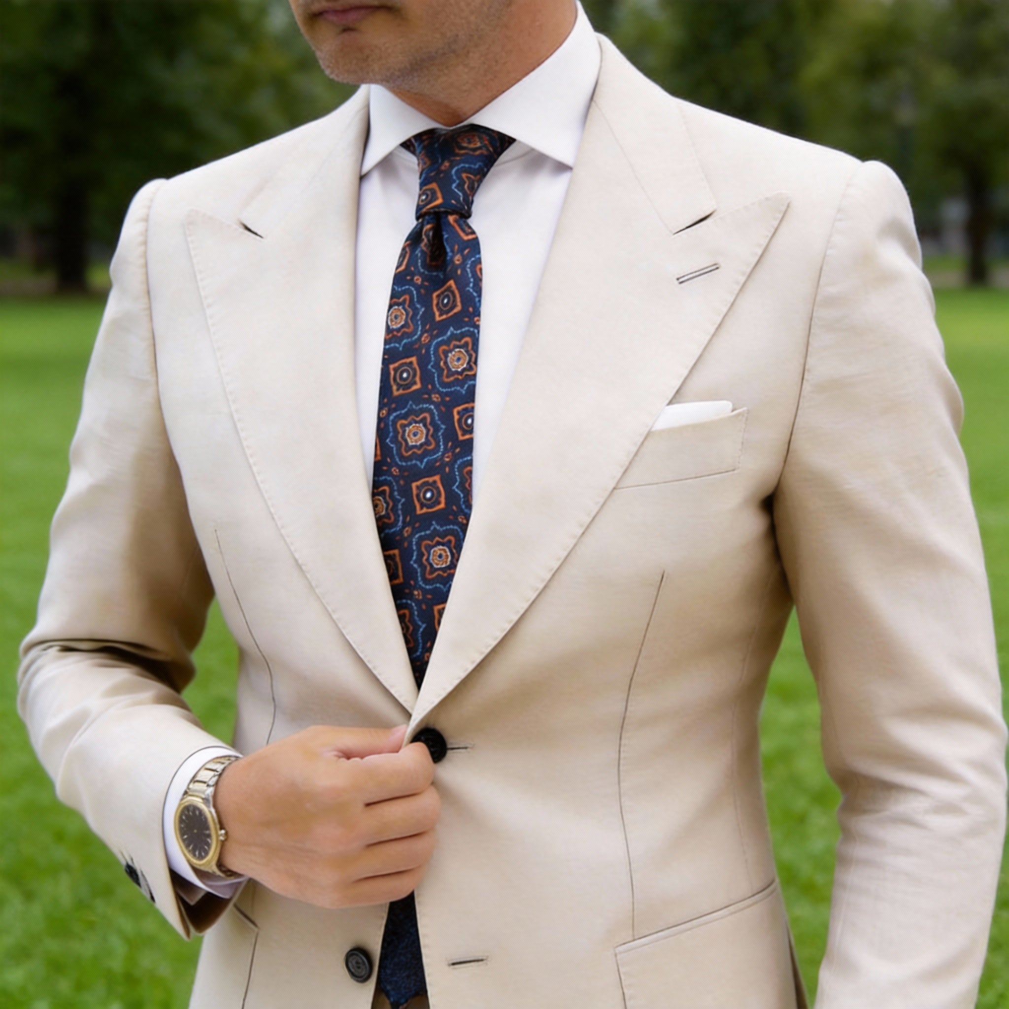Navy Blue With Orange Geometric Medallion Necktie