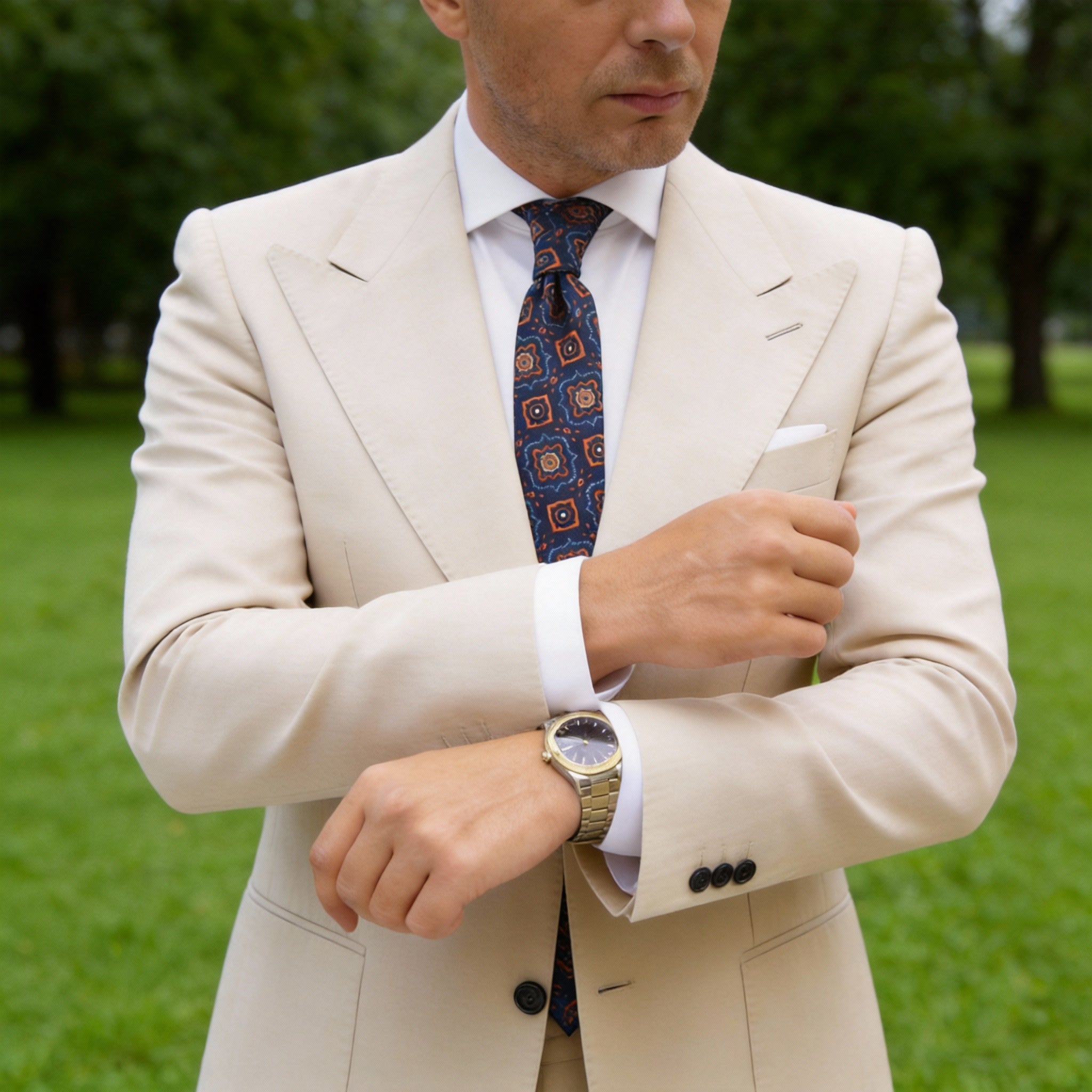 Navy Blue With Orange Geometric Medallion Necktie
