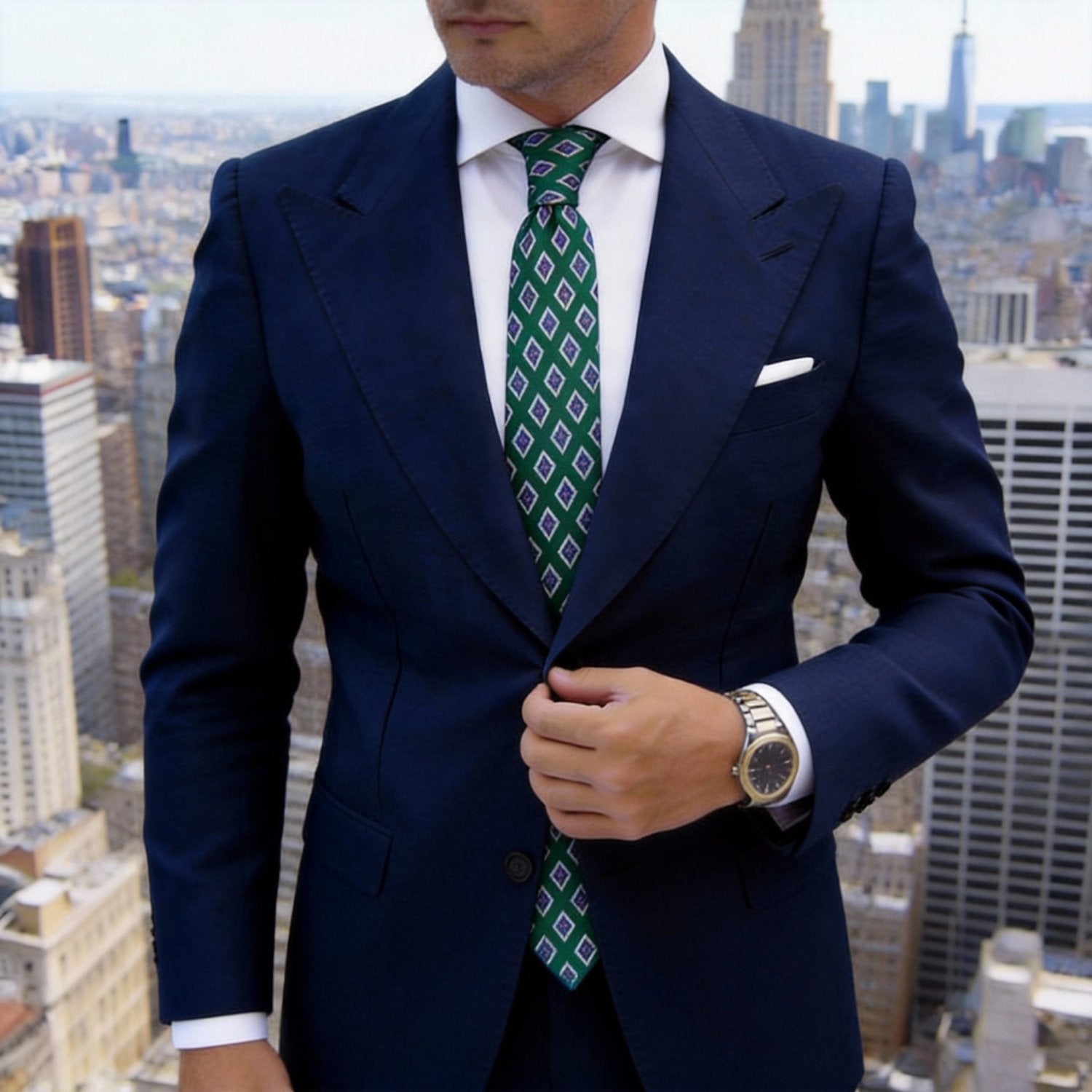 Dark Green With White-Trimmed Purple Diamond Necktie