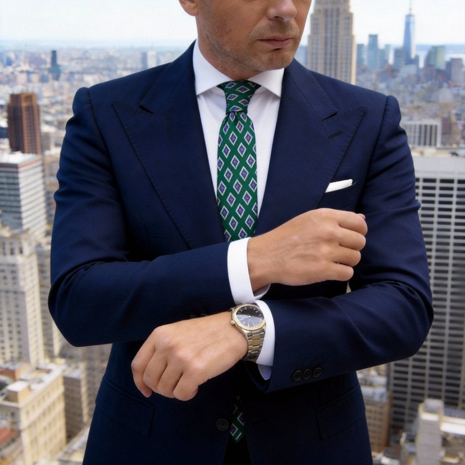 Dark Green With White-Trimmed Purple Diamond Necktie