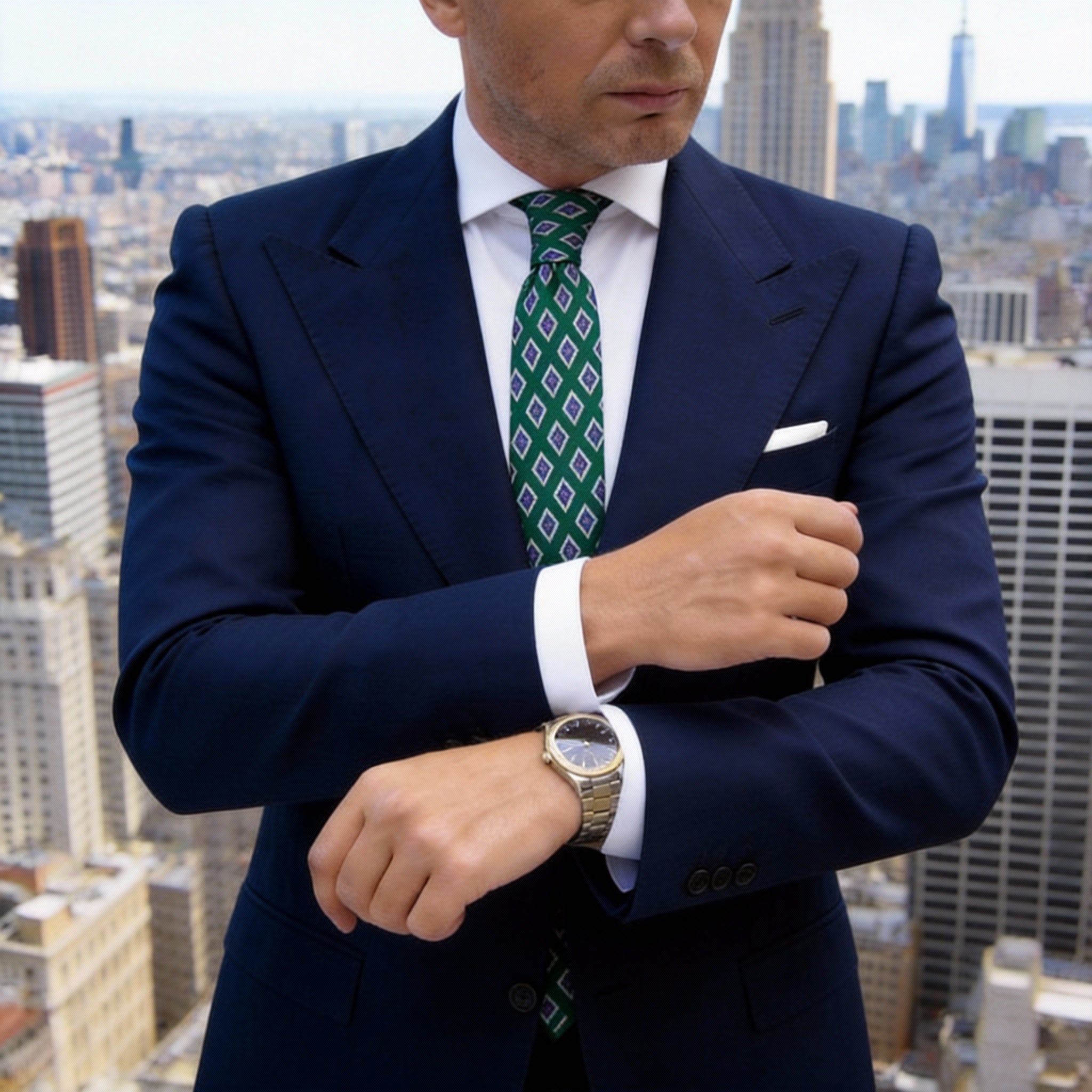 Dark Green With White-Trimmed Purple Diamond Necktie