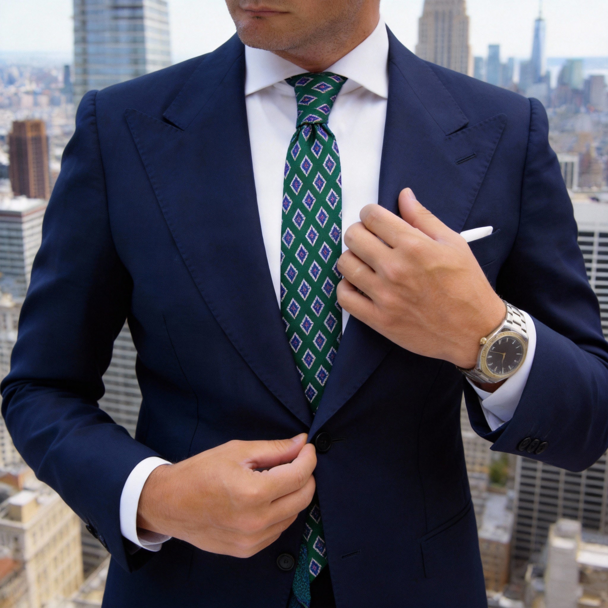 Dark Green With White-Trimmed Purple Diamond Necktie