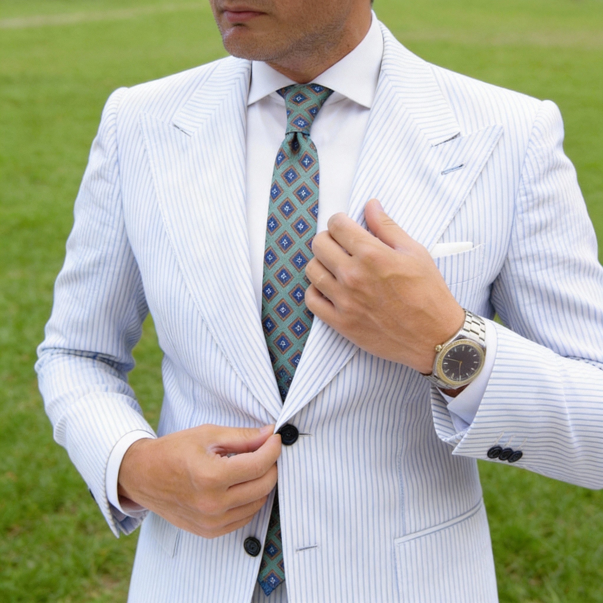 Grayish Green with Orange & Blue Diamond Necktie