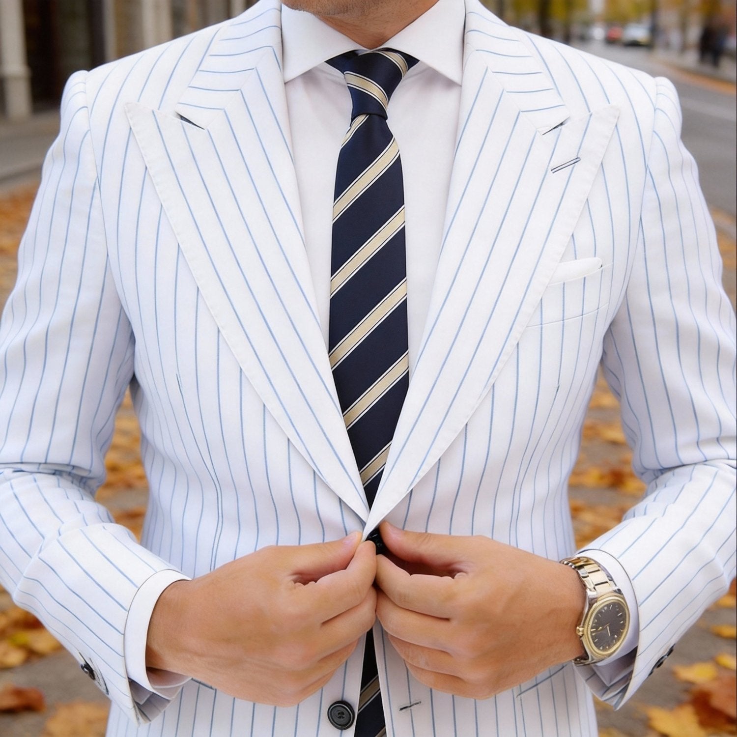 Dark Navy Blue with Gold White Stripes Necktie