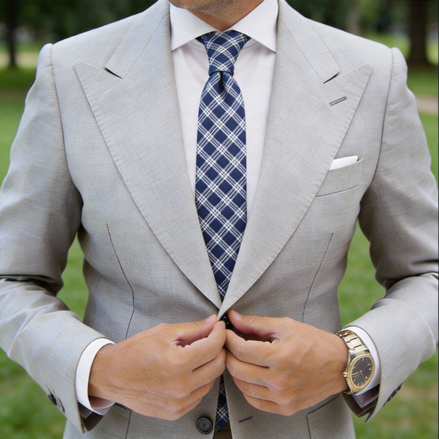 Navy Blue With White Plaid Necktie