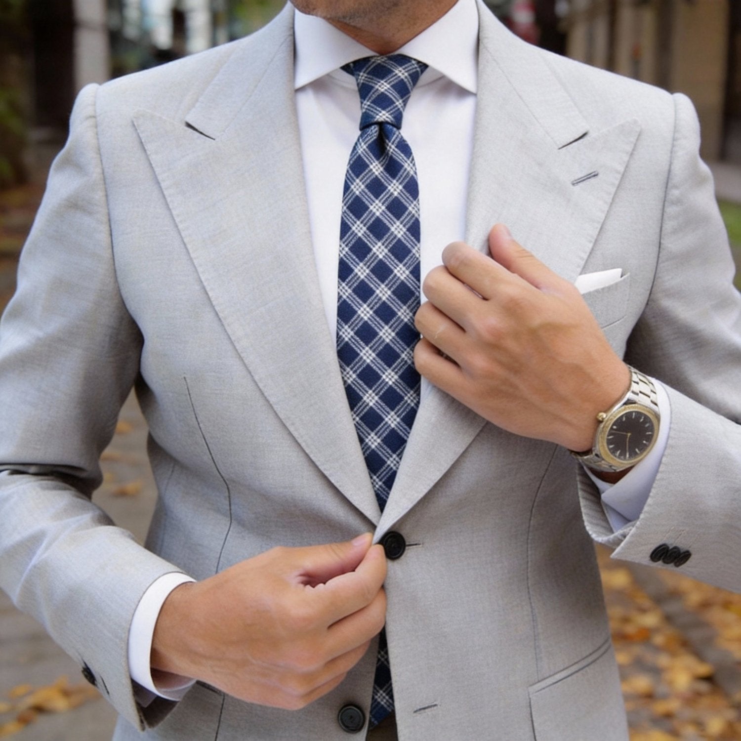 Navy Blue With White Plaid Necktie