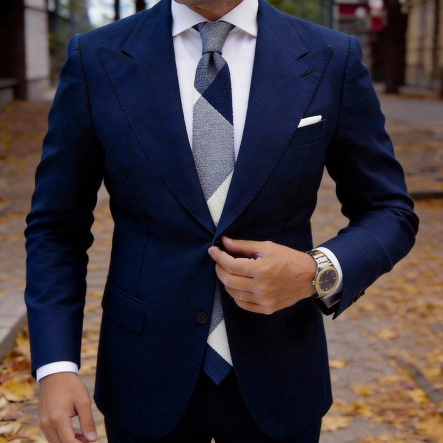 Light Gray with Navy & Off-White Diagonal Blocks Necktie
