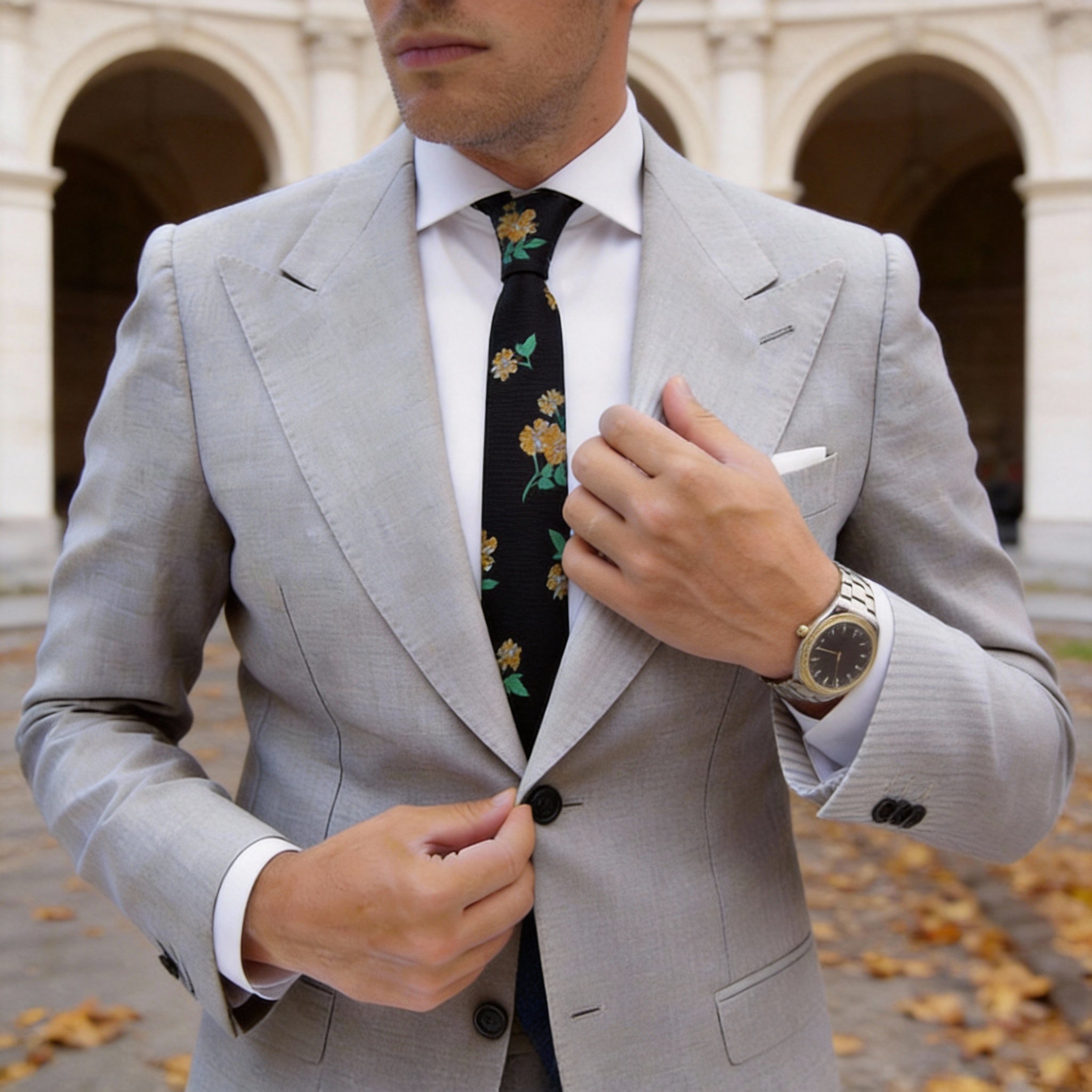 Black with Golden Brown Floral Necktie