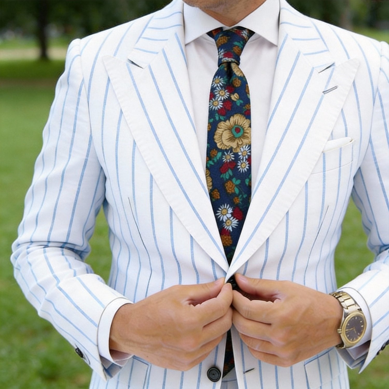 Dark Blue With Beige Floral Necktie